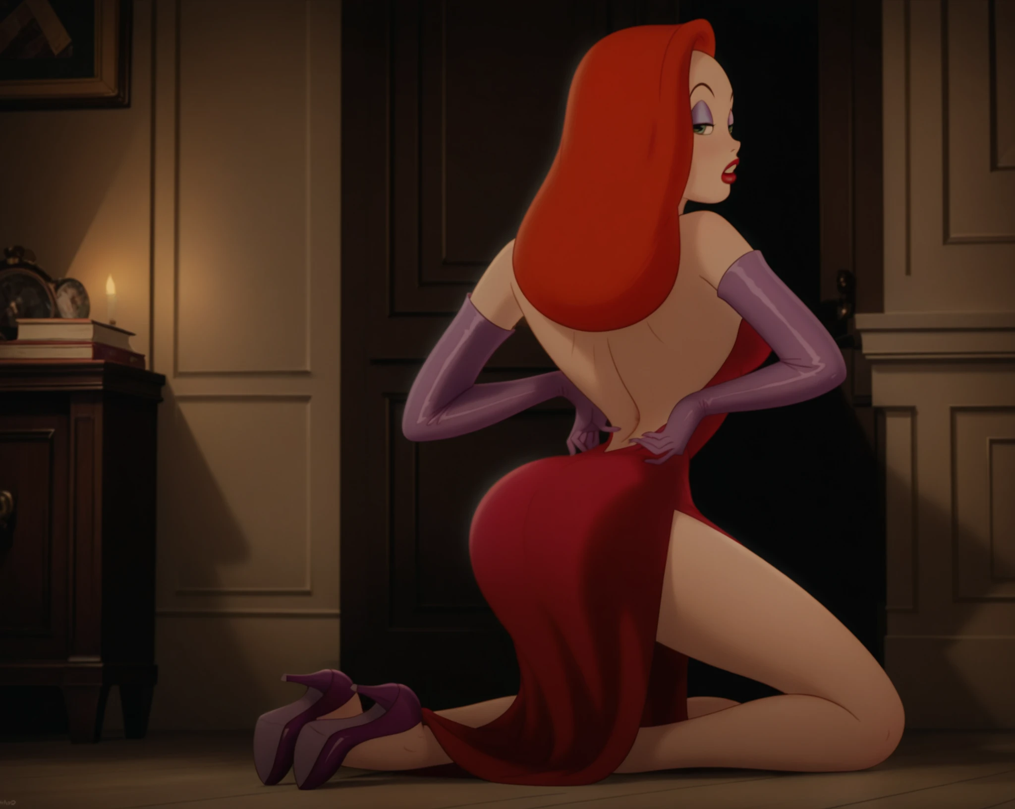 milf, Jessica Rabbit squatting over toilet pissing all over the seat., piss leaking from her pussy