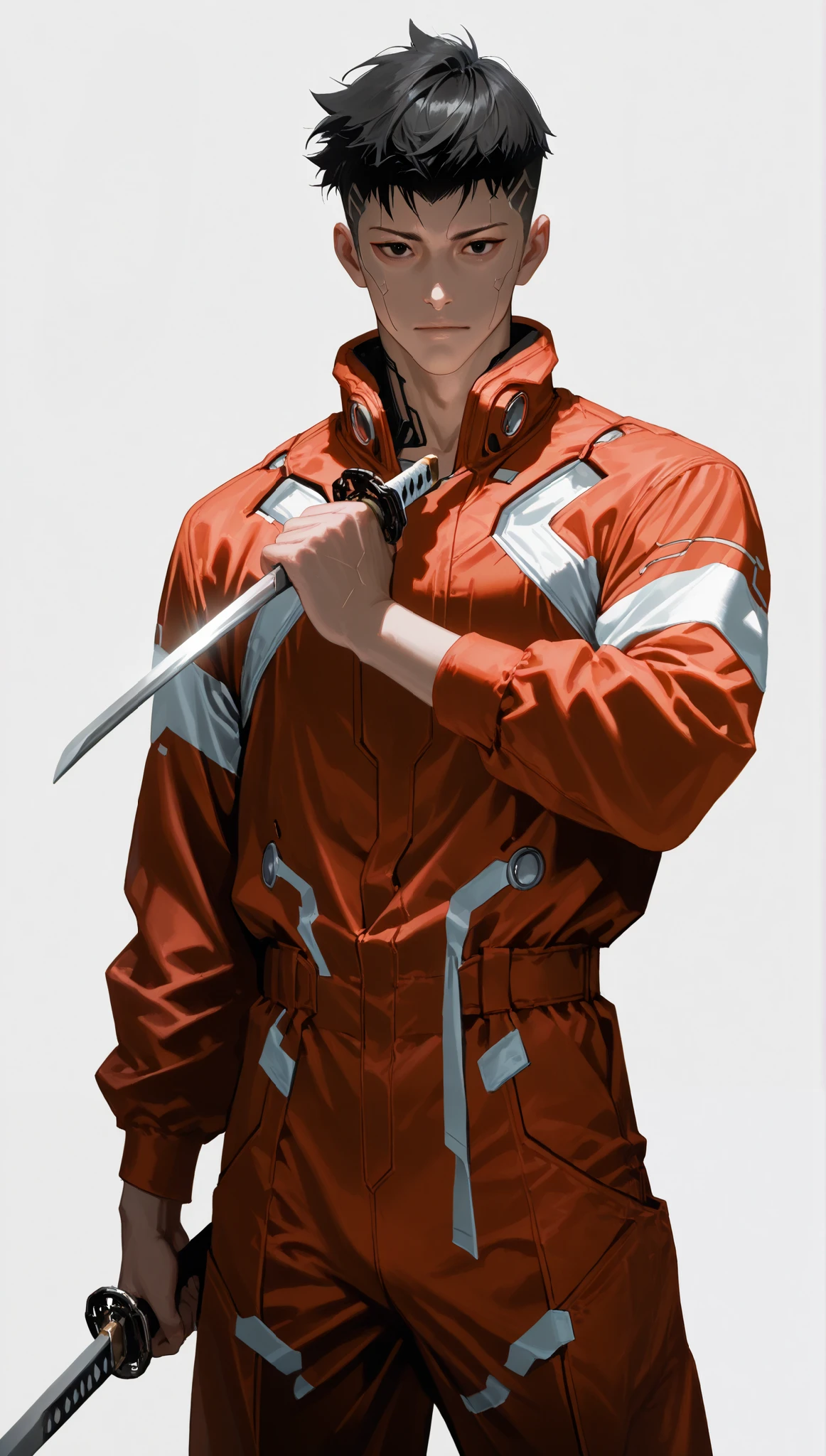 very aesthetic, 걸작, 고해상도, 8k 해상도, high contrast, semrealistic, newest, koreanai, best_quality, finely_detailed_eyes_and_detailed_face, (1 male), cyberpunk, edgerunners, cyberware, black_eyes, black_hair, (under_cut), (masculine), red_jumpsuit, long_sleeves, looking at viewer, (standing, purpose, white_background), front_view, cowboy_shot, holding_katana