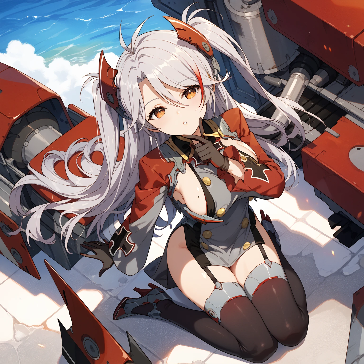 score_9, score_8, score_7_up, Aircraft Carrier Deck, sky cloud, 1girl, teen . big breast , skindantation, selfie solo focus wide shot, iridescence kids kindergarten uniform ankle socks sneakers, looking afar, portrait , +++
coral eyes ,
vivid red hair,
very long hair ,
retriever hair,
drill hair ,
hair pulled back,
hair flaps ,
:o,
,
+++, Research Facilities chemical factory cyborg animal ears Robotsgirl back from extra manipulator mecha wings ((artificial arms artificial legs robot_arms robot_legs amputee,prosthetic legs amputee,prosthetic arms)), strong light coming in light rays light sparkles lens flare deep shadows caustics golden hour
