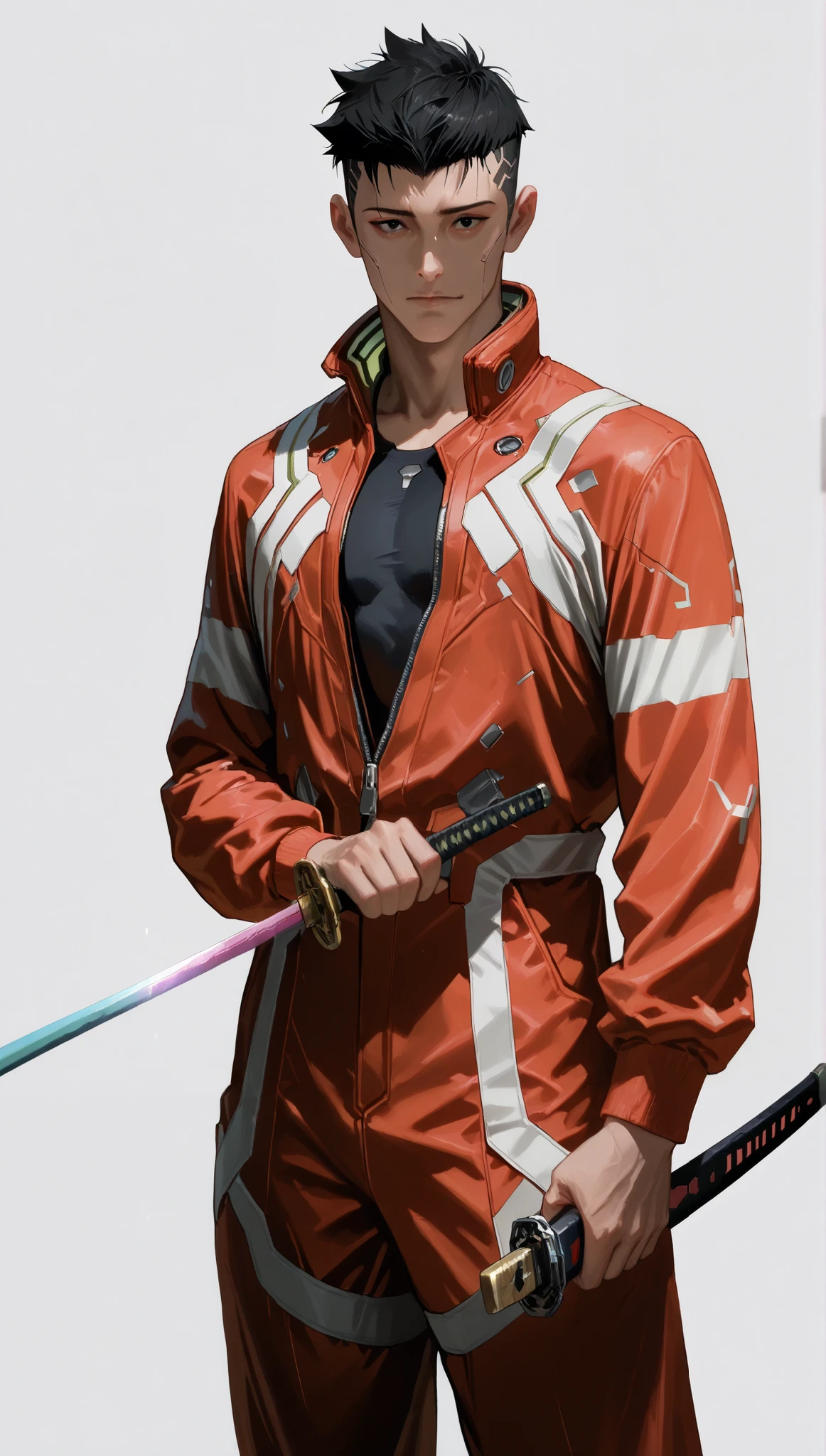 very aesthetic, 걸작, 고해상도, 8k 해상도, high contrast, semrealistic, newest, koreanai, best_quality, finely_detailed_eyes_and_detailed_face, (1 male), cyberpunk, edgerunners, cyberware, black_eyes, black_hair, (under_cut), (masculine), red_jumpsuit, long_sleeves, looking at viewer, (standing, purpose, white_background), front_view, cowboy_shot, holding_katana