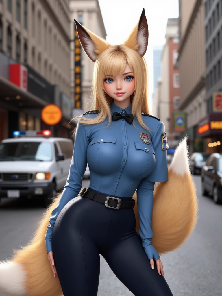 ((  top quality , 8k)), ((straight blond girl)), ((  photorealistic in the classroom during breaks)), ( masterpiece),  perfect face , ((Woman with fox ears )), ((That woman has a tail )), foxgirl, (Her tail is big  ), ( That beautiful woman is smiling), She's a police , It was taken on the street , ((Only one tail)),  she has thick thighs , (  her big fox tail  ) , ((  I can see her fox tail )) , She wags her tail, With bow tie , She is wearing blue police clothes,  big hips ,  Big Boobs, ((  I have one tail growing on my butt )) ,  The fox's tail sticks out  ,  has a fox colored tail , Her tail is in full view,  she's staring at her back ,  Sexy Model Pose  , ((Notice the tail of the butt))