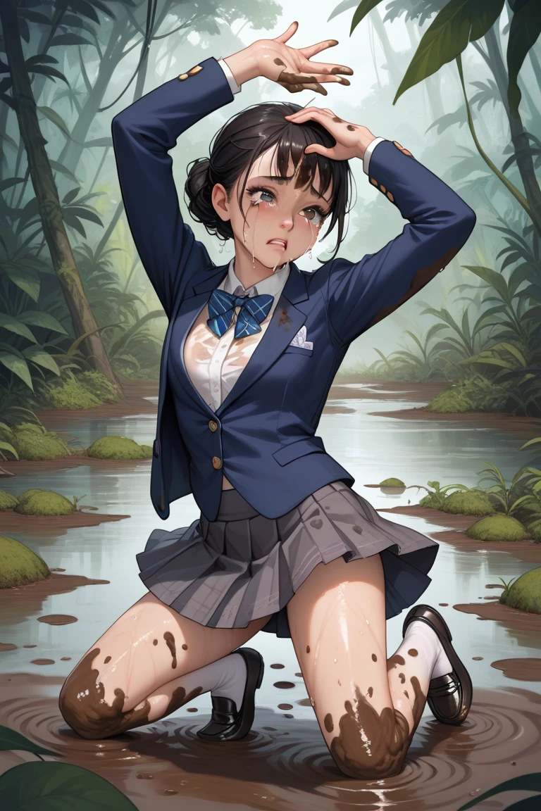 beautiful detailed girl,(masterpiece,best quality,extremely detailed:1.2),((cowboy shot:1.1)),(solo,,kawaii,slender,small breasts:1.25),(pained look:0.8),((white underwear) in ((Torn  or blazer)):2),(dirty:2),blush,shy,weep,standing,(deep forest:1.5),(hug:0.4),rating: general, newest,Sexy face