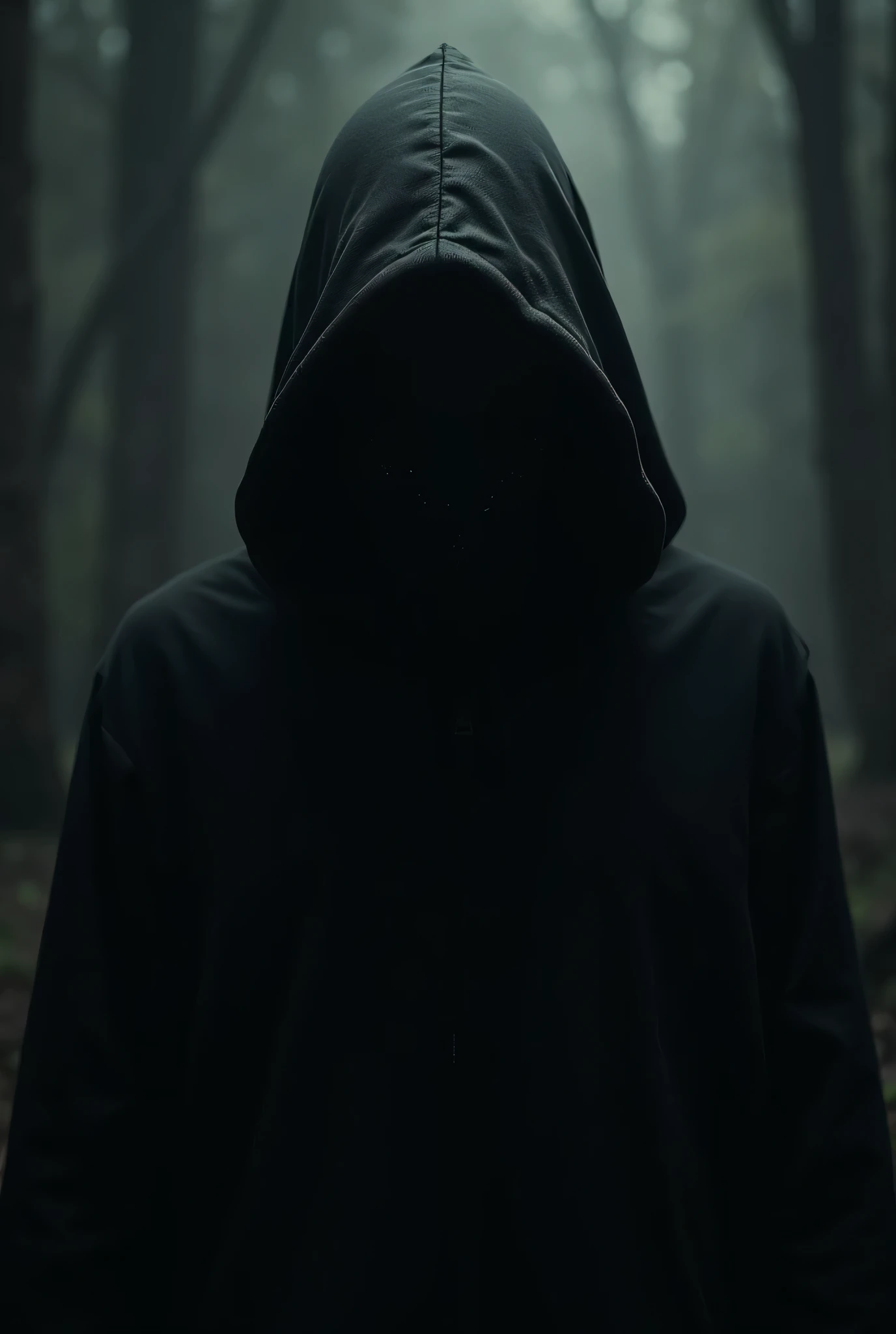 make me a cinematic cover art for a hit single featuring a close up shot of a mummy wearing a black hoodie over bandages covering his entire face and shadowy scary eyes with a cinematic foggy pine forest background