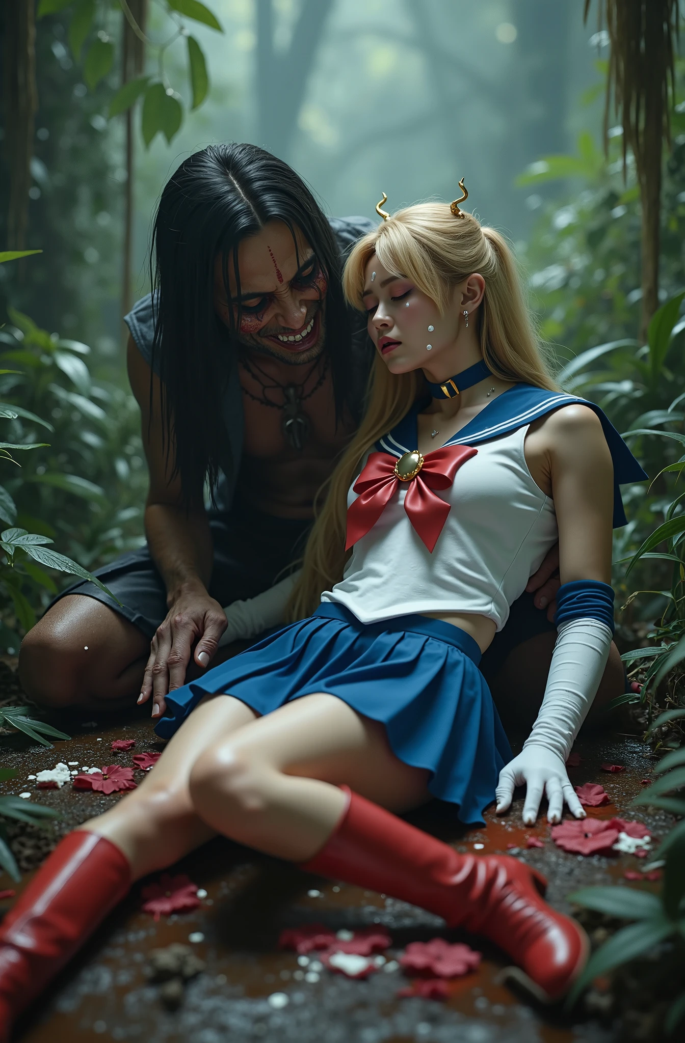 Hyperrealism, masterpiece, highest quality, A young Japanese woman is lying her head on a devil lap, she is unconsciousness and eyes close, painful face, cum on her forehead, a lot of cum on her legs, she is wearing a Sailor Moon costume, Blue sailor collar, Blue mini pleated skirt, she is wearing pleated skirt, blue pleated skirt, Long white gloves, shiny beige color pantyhose, red high boots, Exposed thighs, red long boots, big choker, long blonde Hair, a devil is kneeling sexual assault her, he push his penis inside her body, touching her crotch, white cum on her thighs, in the jungle,