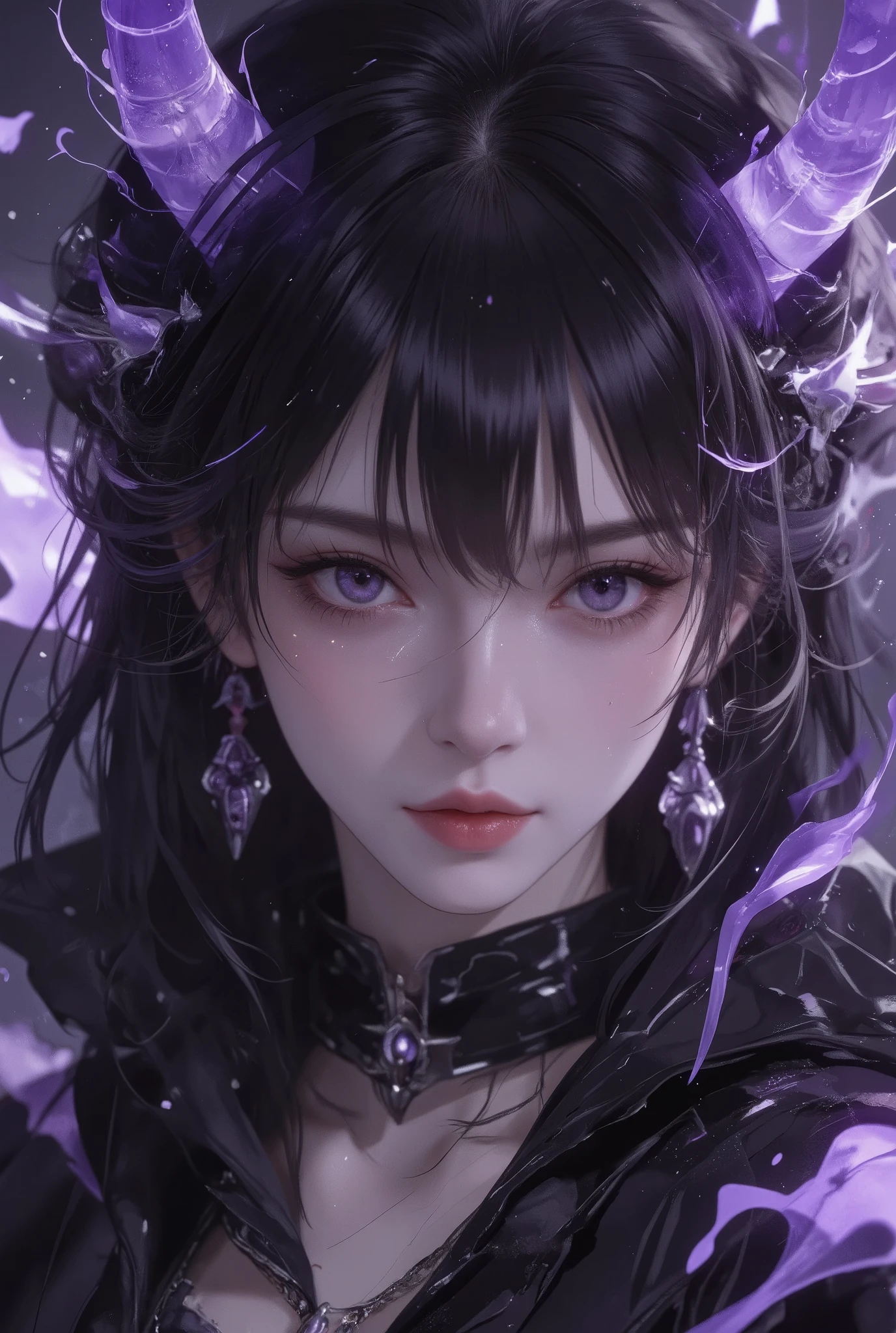 Close-up of a woman ,  Dark Elves, Fractal punk ,   purple flame hair , Portraits，with matte painting ,  beautiful women, skin black , She wears a vampire costume,  with medium sized horns ,  Bright purple eyes .