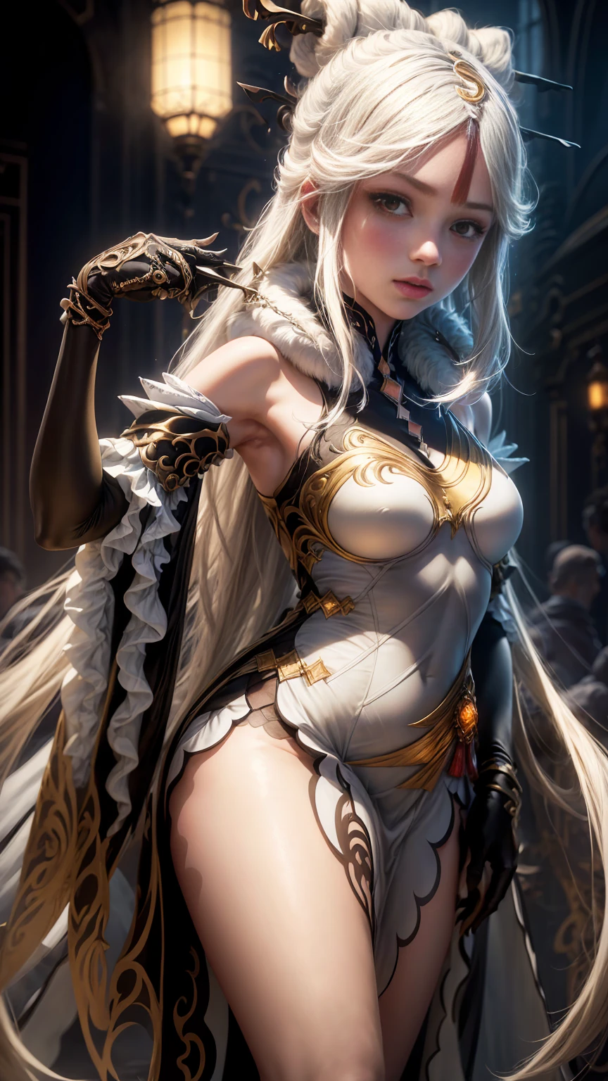  ((best quality)), ((masterpiece)), (detailed), 1girl, NSFW, small breasts, prominent collarbones, skinny arms, flat stomach, visible hip bones, long hair, ponytail, thick ponytail, heavy ponytail, red and white clothing, Bloodborne inspired, occult aesthetic, occult, detailed and intricate steampunk and detailed gothic, 