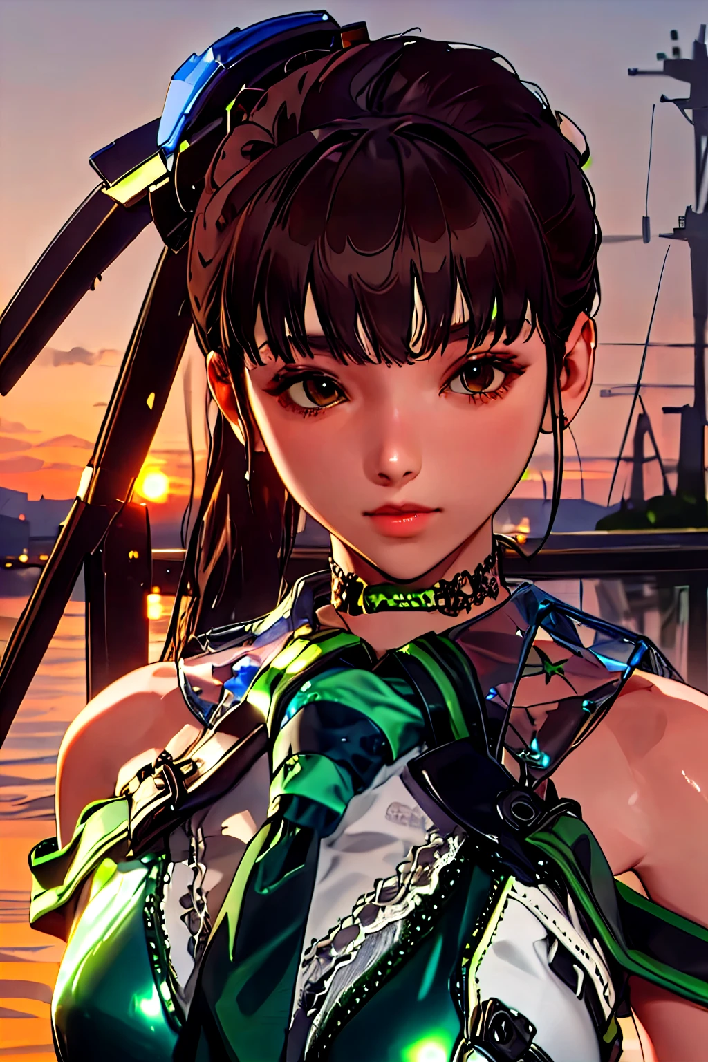 eve, brown eyes, greensuit, (best quality:1.2),(masterpiece:1.2),(detailed:1.1) , sunset