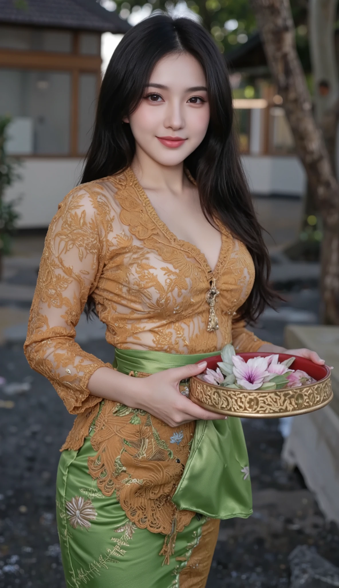 Solo, 8k, photoshoot, perfect body, perfect skin, slim body, flawless, glowing skin, beautiful face, natural makeup, super realistic, High Resolution, Masterpiece, Anatomically Correct, Best Quality, High Details, HD, High Quality, Super Detailed, 19 years old girl long black hair that goes down to her back. She is wearing a traditional Balinese kebaya, with a gold and orange lace top.
She is holding a tray, it is covered in leaves and flowers, and has a red base with gold rim.
The woman has a warm smile and is looking at the camera.
The background is out of focus, with some trees and a wooden structure in the background.