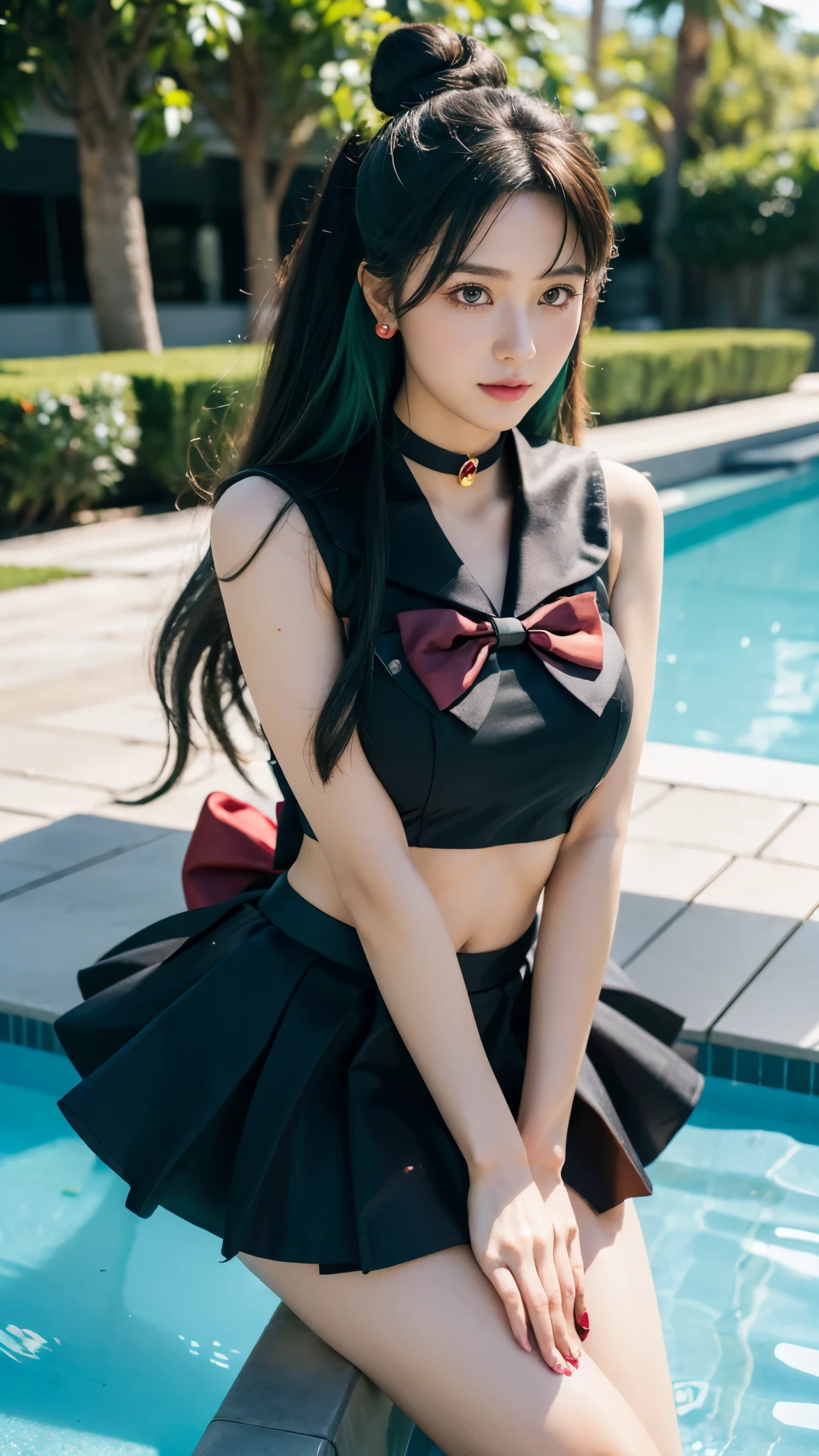 masterpiece, Highest quality, high resolution, (realistic), RAW photo, Octane rendering, Chubby face:1.1, sexy, Highest quality, Very detailed, Very accurate, Chubby face: 1.2, ((Wearing a Sailor Pluto costume)), close-up of a girl in a sailor costume posing near a swimming pool, ((Japanese girl)), anime girl cosplay, anime cosplay, cosplay, cosplay photo, realistic cosplay, anime girl in real life, full-cosplay, Sailor Moon. beautiful, , light makeup, natural makeup, big breasts, tall and large body posture, thin lips, pink lips, pleated skirt, super short mini skirt, realistic anime photo, professional cosplay, sailor uniform, Sailor Moon style, ((black dark skirt, black dark sailor collar, black dark choker, bow tie on the chest, red bow tie)), super long hair that curls at the ends, (((middle bun hair))), (((bun hair 1))), ((green hair)), ((Sailor Pluto signature hair)), long gloves, ((white gloves)), blue eyes, tiara, crescent moon earrings, (((background by the poolside))), body drawn perfectly, perfect hands and feet, perfect finger details, Sailor Pluto, Sailor Pluto cosplay, realistic.