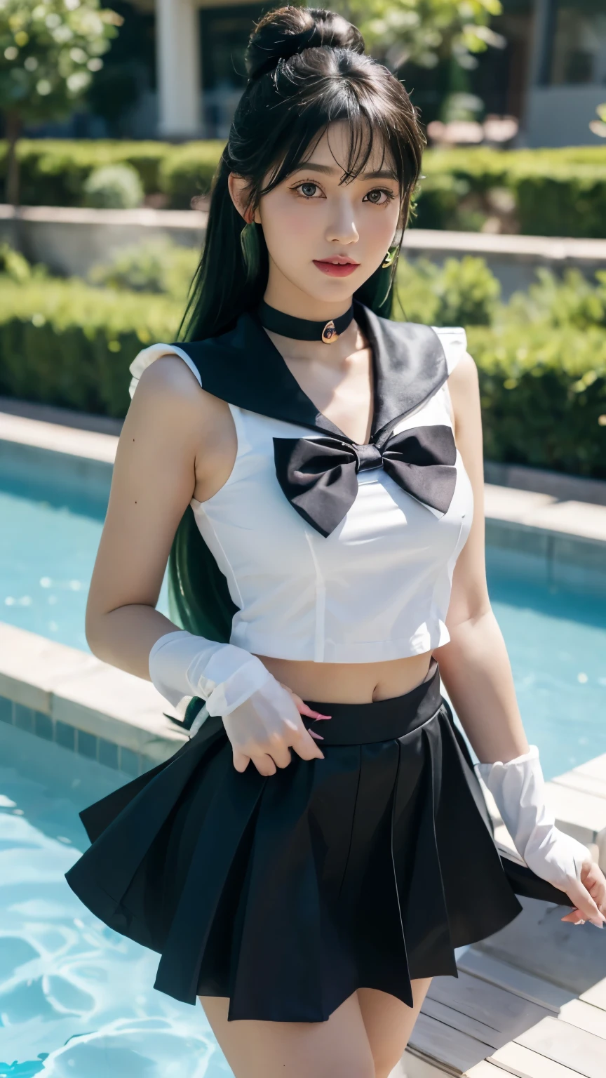 masterpiece, Highest quality, high resolution, (realistic), RAW photo, Octane rendering, Chubby face:1.1, sexy, Highest quality, Very detailed, Very accurate, Chubby face: 1.2, ((Wearing a Sailor Pluto costume)), close-up of a girl in a sailor costume posing near a swimming pool, ((Japanese girl)), anime girl cosplay, anime cosplay, cosplay, cosplay photo, realistic cosplay, anime girl in real life, full-cosplay, Sailor Moon. beautiful, baby face, light makeup, natural makeup, big breasts, tall and large body posture, thin lips, pink lips, pleated skirt, super short mini skirt, realistic anime photo, professional cosplay, sailor uniform, Sailor Moon style, ((black dark skirt, black dark sailor collar, black dark choker, bow tie on the chest, red bow tie)), super long hair that curls at the ends, long hair, (((middle bun hair))), (((1 bun hair))), (((green hair))), ((Sailor Pluto signature hair)), long gloves, ((white gloves)), blue eyes, tiara, crescent moon earrings, (((background by the poolside))), body drawn perfectly, perfect hands and feet, perfect finger details, Sailor Pluto, Sailor Pluto cosplay, realistic.