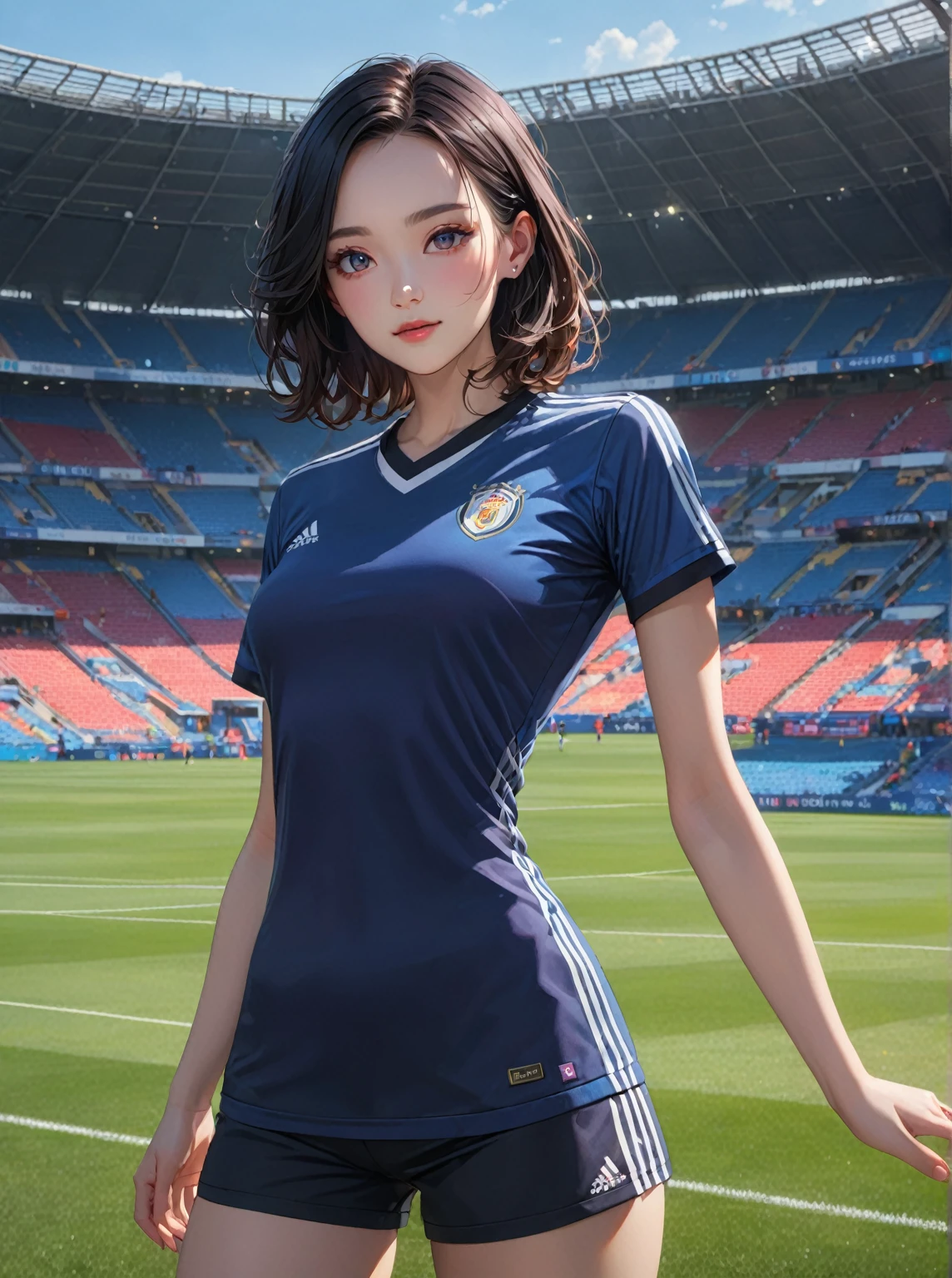 (RAW Photography、4k、​masterpiece、hight resolution、very intricate)(realisitic:1.4)、Movie lighting Delicate girl with facial features
1 girl、28 only、single focus、Summer noon、hot、1990's\(styles\)、Muscle whitening、(huge tit、cleavage of the breast)、(top-quality)、(Hi-Res)、(extremely delicate and beautiful)、、(Beautiful 8k face)、(brown-eyed)、(poneyTail)、(ulzzang-6500:1.0)、(独奏)、(Watching side)、(audience)、(huge tit)、(FIFA)、Shoot、、Lookside、(the front)、、(Soccer Sportswear)、((play soccer))、((Turf ground))、((speedo))、(现实)、