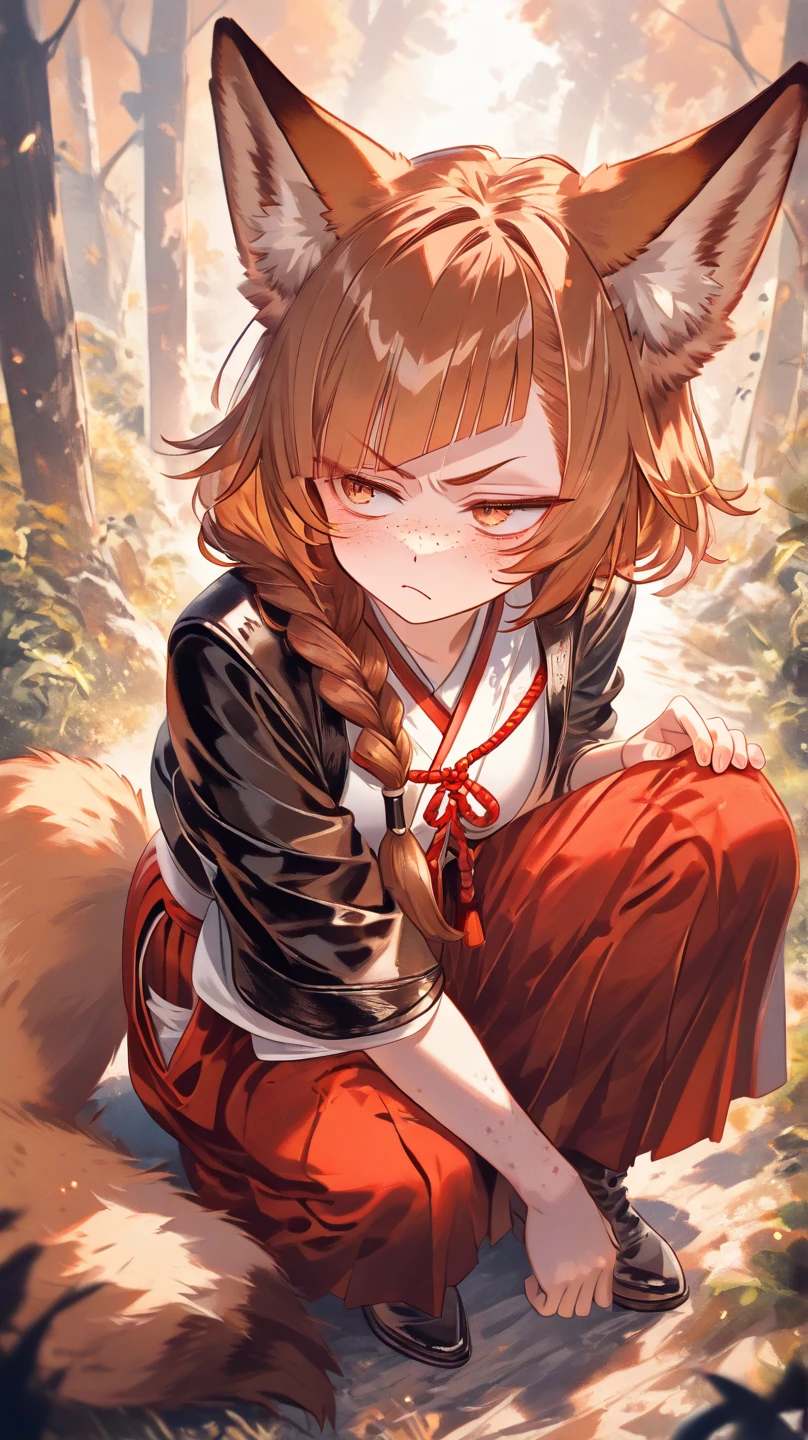 (masterpiece, best_quality, ultra-detailed, immaculate:1.3), portrait, upper body, detailed face, detailed hands, ((1girl:1.15)), epic, kitsune, ((9 tail fox)), foxgirl, japanese spirit, ((beautiful red kimono)), ((damaged, bloody, Injured, action pose)), ((Defeated pose, falling on knees:1.35)), ((dramatic, sadness face expression, crying)), curvy body, messy hair, disheveled hair, animal eyes, yellow fox glowing eyes, fog, mist, black cave, dark deep cave background ambiance 
