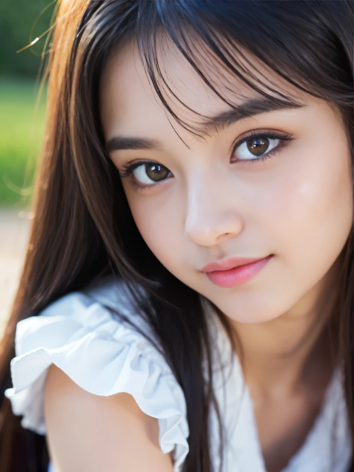 Film Portrait Photography、1girl、bare shoulder、Wavy shoulder-length hair、calm、calm、a smile、(Realistic detailed eyes、natural skin textures、Realistic face details)、Soft dramatic lighting、depth of ﬁeld、bokeh dof、vivid detail、small details、ultra hyperrealistic、35mm film、Blurring