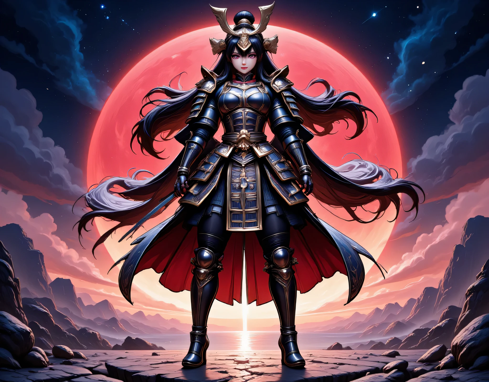a picture of Japanese female samurai, she has long black hair, wearing samurai armor, armed with a katana, ready for battle, wearing samurai armor, wearing high heels boots, the sun is setting down in the background, she stands on a red moon in space, strange nebula in the background, star constellation (Masterpiece: 1.5), best quality, 16k, ultra detailed, masterpiece, best quality, (extremely detailed), dynamic angle, ultra wide shot, photorealistic, RAW, fantasy art, dnd art, fantasy art, ((SFW:1.5)), hyp3rd3tail style