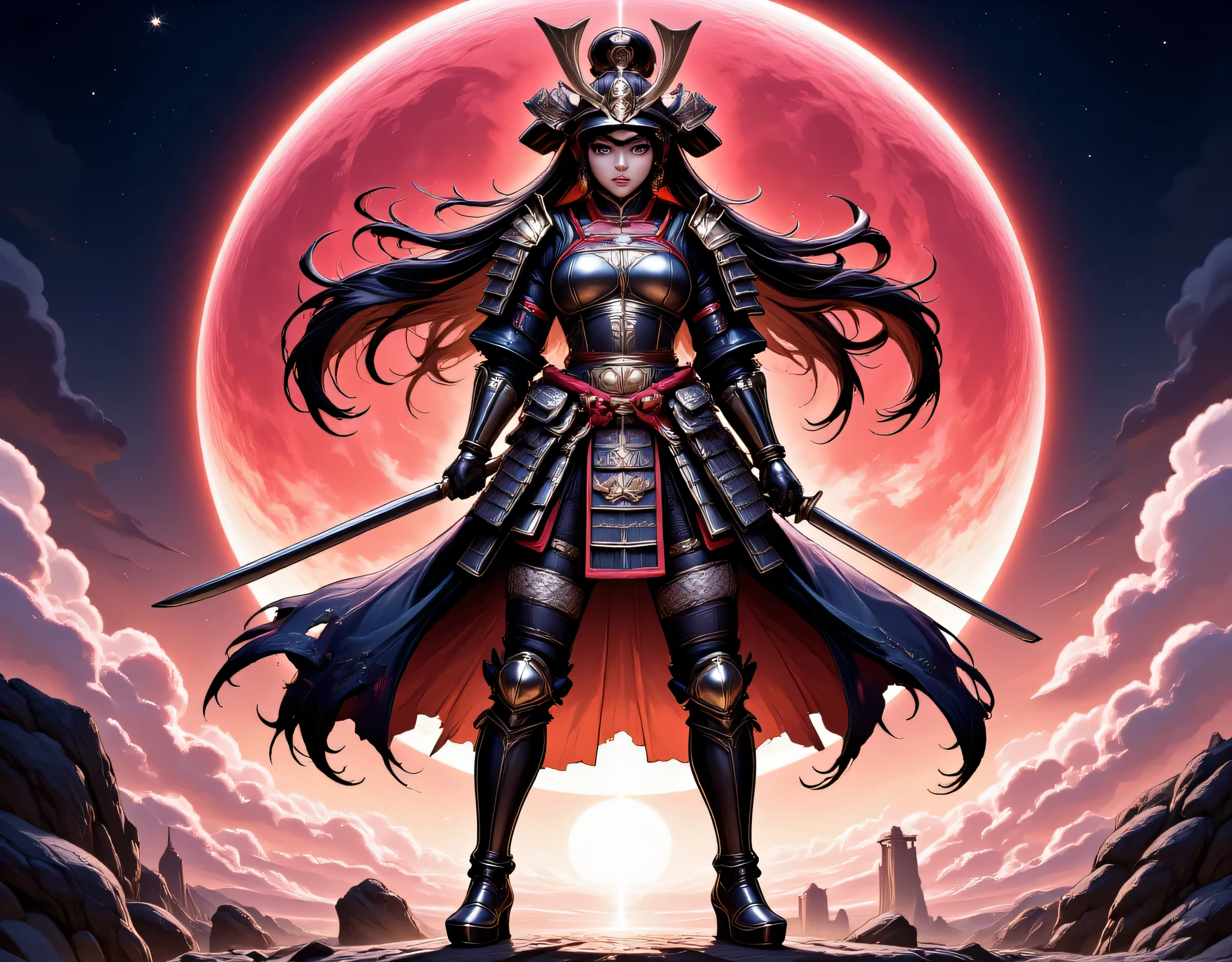 a picture of Japanese female samurai, she has long black hair, wearing samurai armor, armed with a katana, ready for battle, wearing samurai armor, wearing high heels boots, the sun is setting down in the background, she stands on a red moon in space, strange nebula in the background, star constellation (Masterpiece: 1.5), best quality, 16k, ultra detailed, masterpiece, best quality, (extremely detailed), dynamic angle, ultra wide shot, photorealistic, RAW, fantasy art, dnd art, fantasy art, ((SFW:1.5)), hyp3rd3tail style
