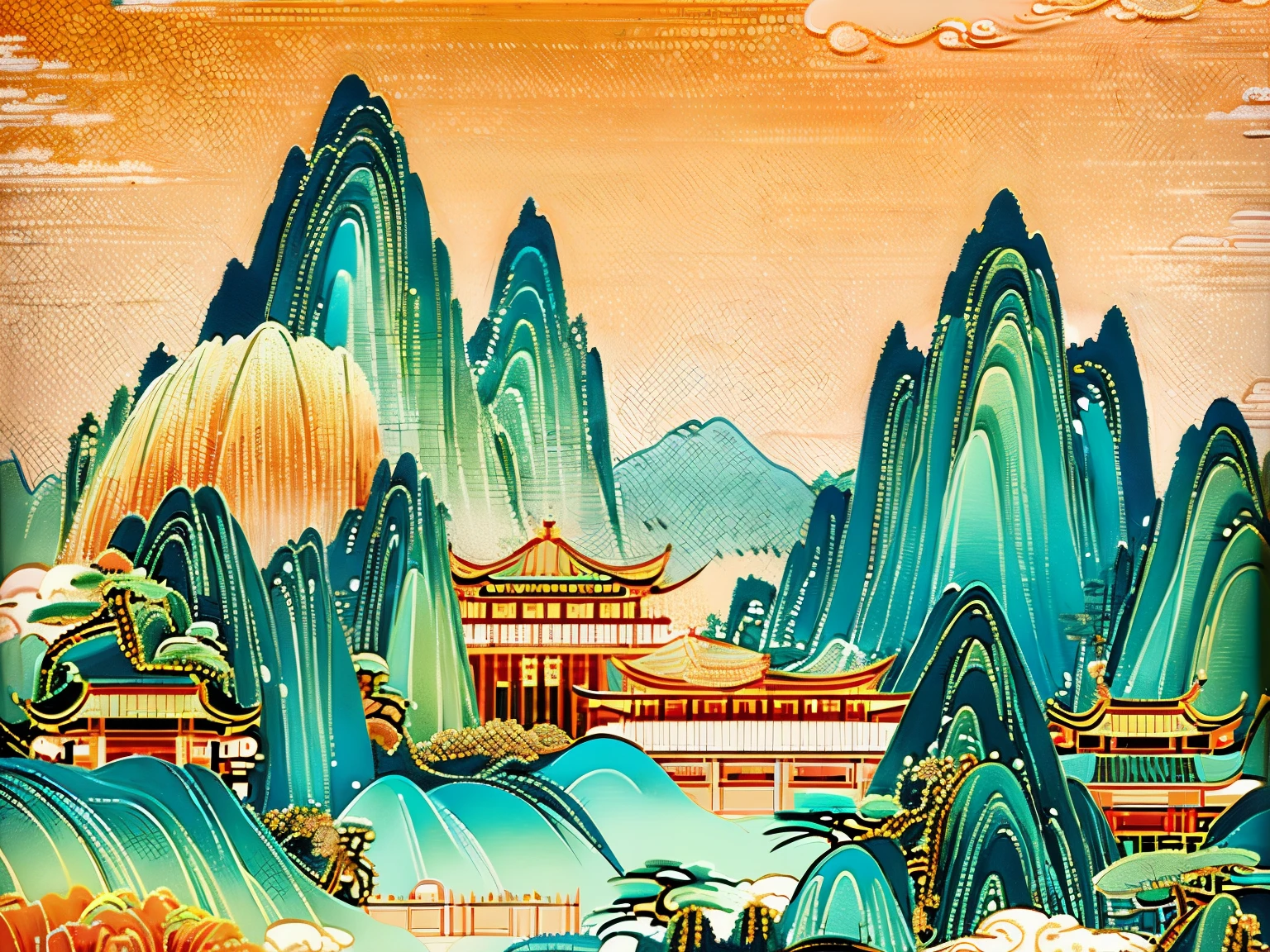 Chinese Guochao poster design, Zhangjiajie Tianmen Cave, intricate gold filigree outlines, gradient cyan mountains with matte texture, floating vermilion pillars with cloisonné patterns, Dunhuang-style flying ribbons, jade-like translucent clouds, isometric perspective, traditional ink wash blending with digital art