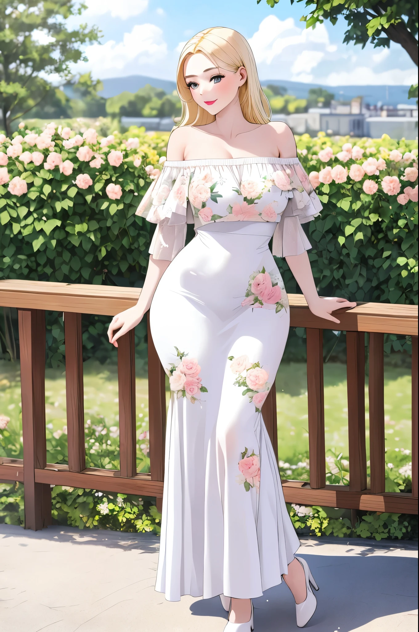An extremely stunning, beautiful, cute woman with gold-blonde hair, big blue hazel eyes, pink puffy lips, extremely shiny white fair skin, a perfect slim hourglass figure, and a slim thin normal body. She's wearing a long simple white floral dress with pink flower patterns, a yellow sweater worn in an off-shoulder style, brown flat heels, a beautiful smile, standing straight, and a garden in the background. Show full body.