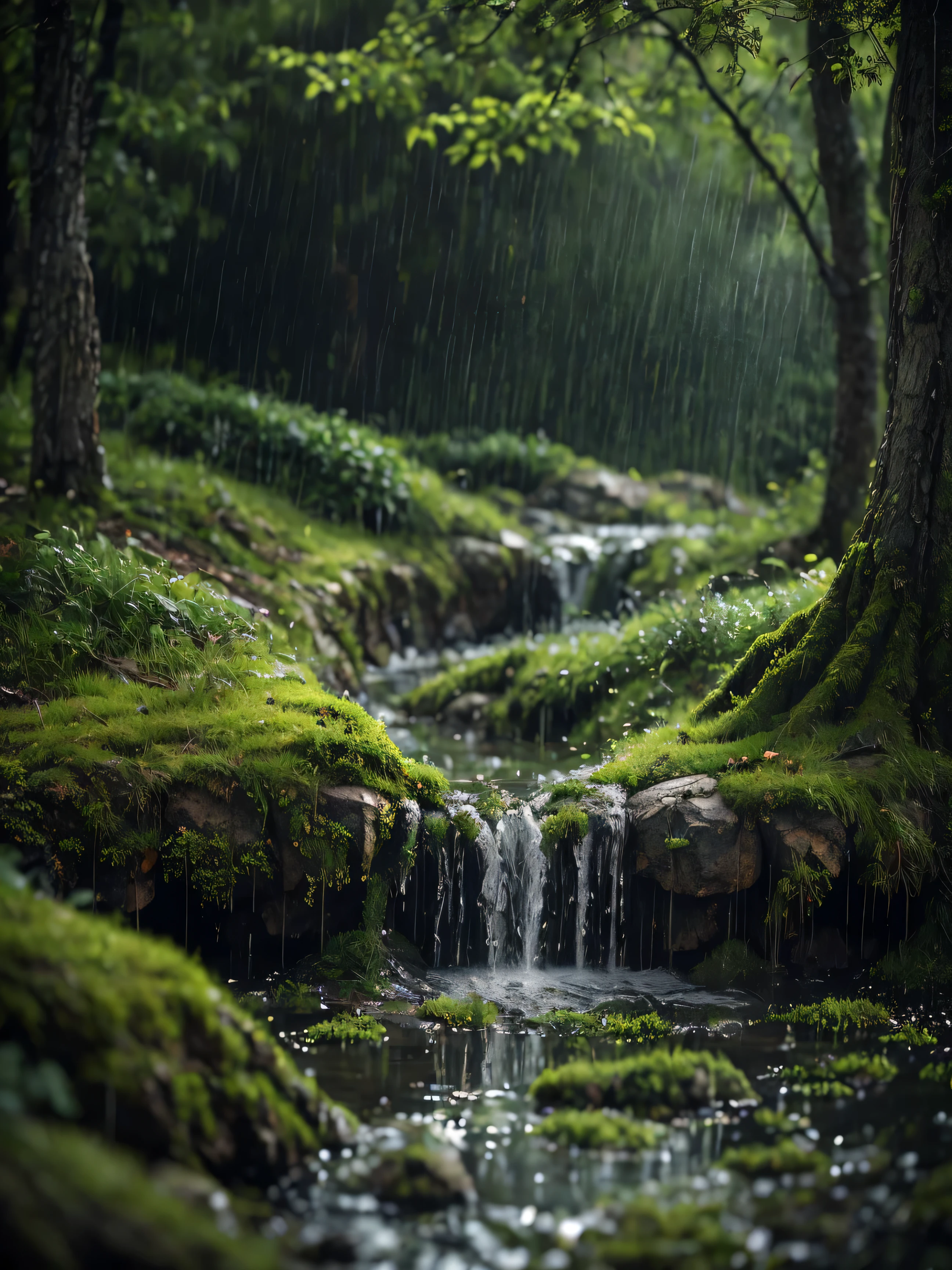 The towering dense trees , the branches extend like giant hands shading the ground below . The leaves whisper lyrically as the wind brings a slowly falling rain spray . A damp path tucked between wild grass and old boulders covered in green moss blanket, slick by dew . The scent of wet earth mixed with the freshness of the foliage fills the air , create a deep calm . Thin mist flows softly between sturdy tree trunks , while the shadow of the mountain in the distance seems faint , slowly dissipates in the embrace of gray clouds .
In the middle there is a farmer wearing a farmer's hat sitting among rocks overlooking the forest