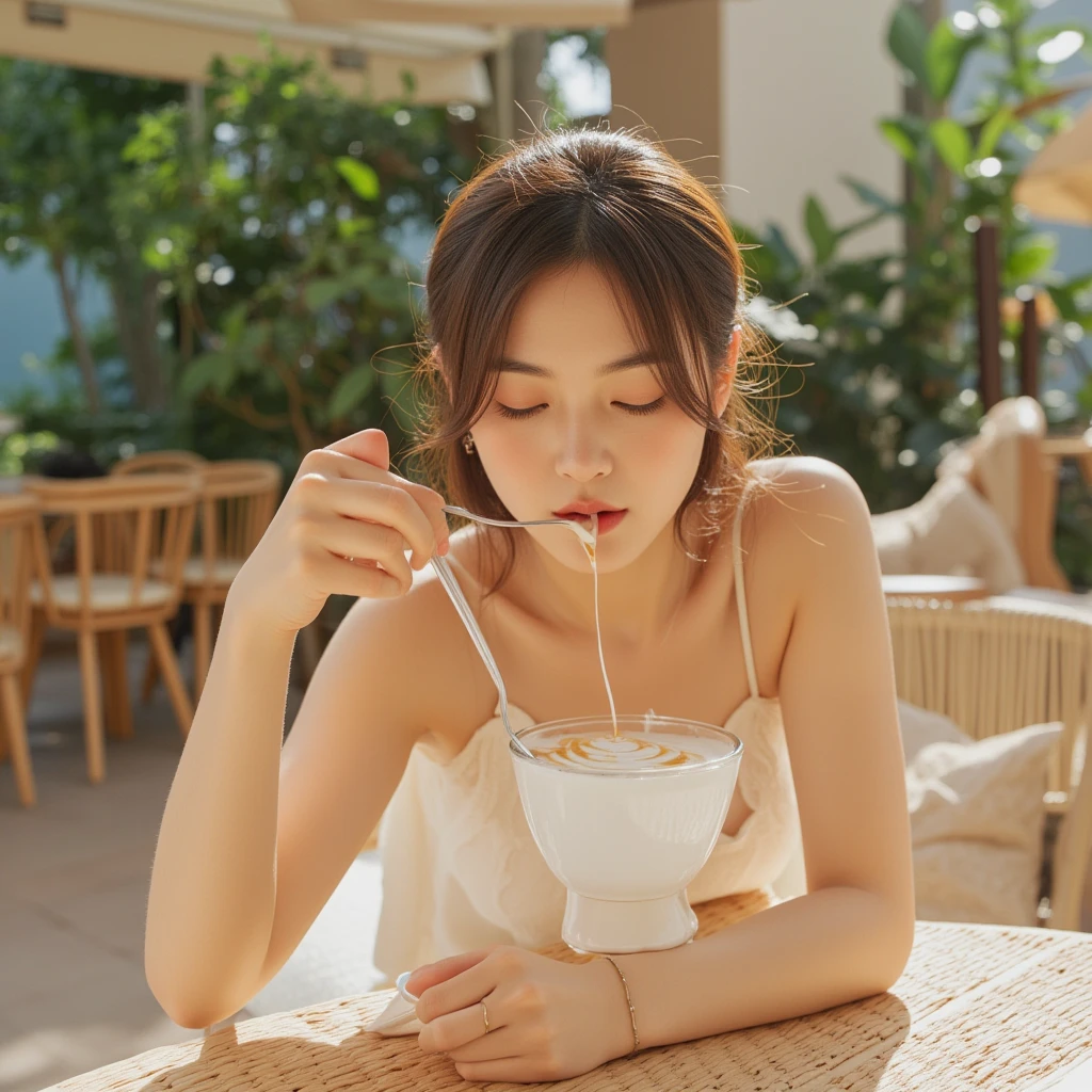 highest quality、masterpiece、High sensitivity、High resolution、terrace、Iced Cafe Au Lait、straw、Thin thighs、