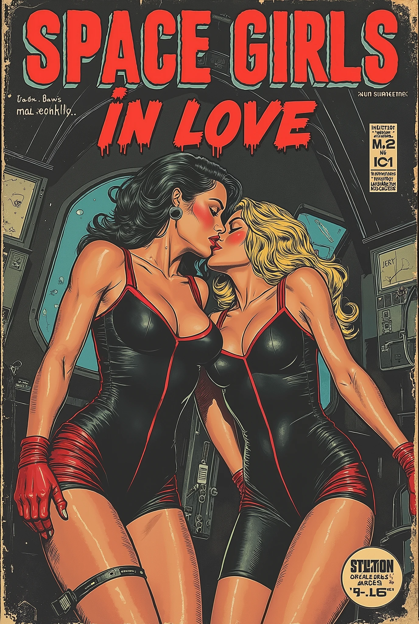 retro comic book cover for "SPACE GIRLS IN LOVE", (lurid horror font, red letters with black embossed outline), shows comic book price and publisher, paper is old and torn, collector's item, space girls in tight black space suits with red trim, Italian sci-fi style, kissing, masturbating, in the retro space spaceship cabin, tits, ass, full-frontal nudity, fumetto style, classic horror comics design, Bernie Wrightson, Wally Wood, Frazetta, vivid lurid details and color, intricate, HD, 8x, classic sci-fi horror style comic book cover