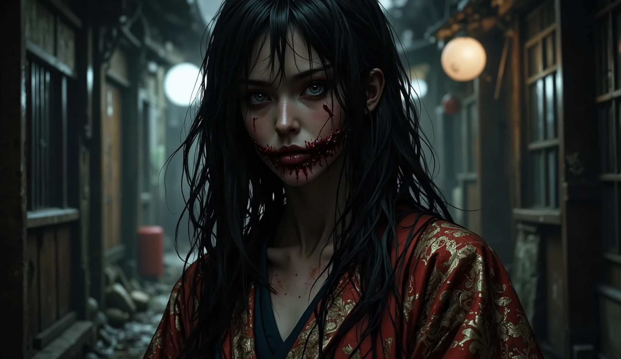 a ghost woman, Japanese woman with an evil look with long black hair, his skin was pale , (He had a cut that went through his mouth that ran horizontally from one cheek to the other ) in a dark alley in a town in Japan in the 1970s, He was wearing an old, dirty kimono stained with dried blood.