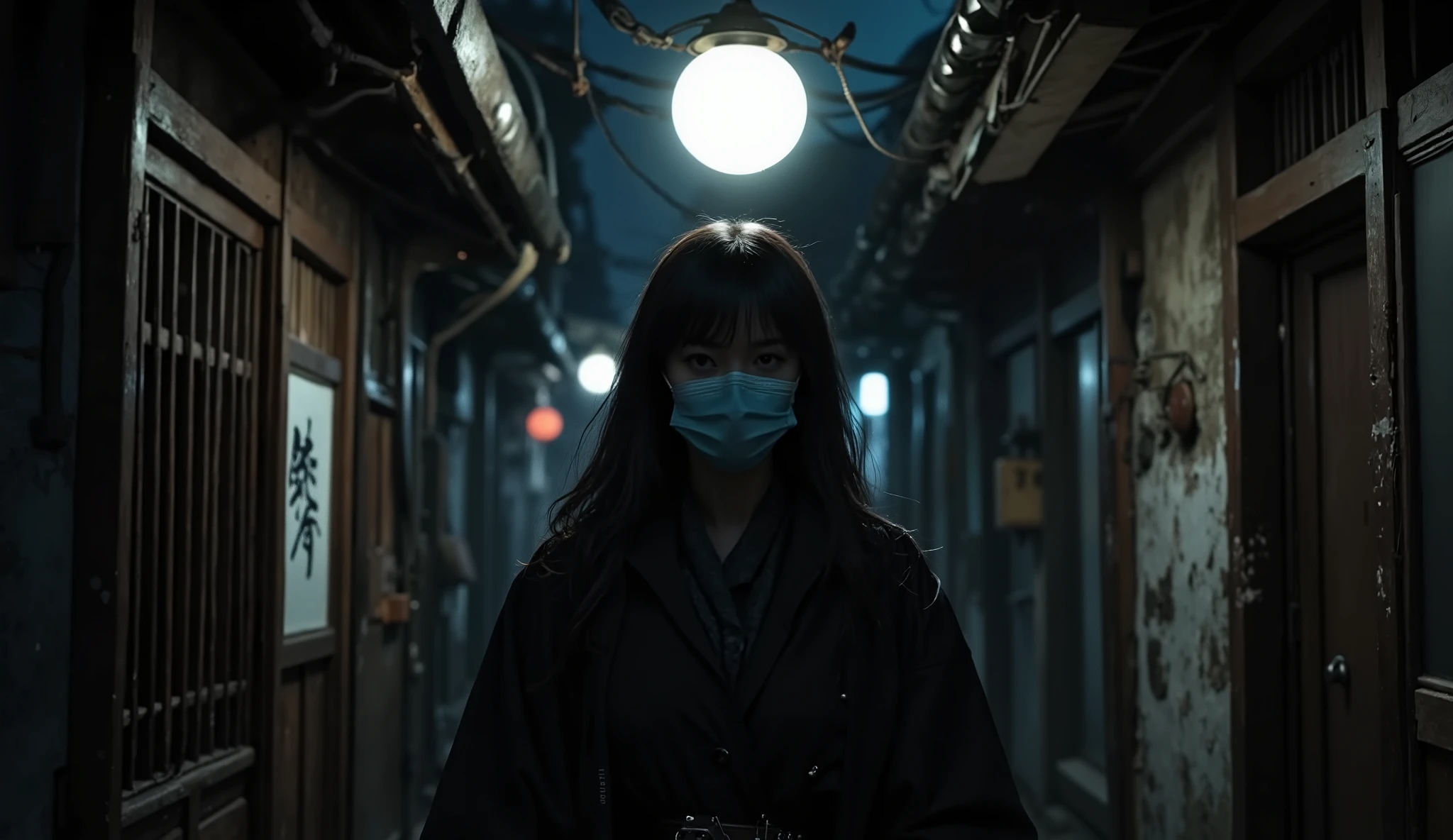 a beautiful Japanese woman standing under a lantern looking at the spectator, she was wearing a long coat and a ( surgical mask that covered half of his face) Her hair was black and long , in an alley in a Japanese town in the 1970s, The atmosphere was dark and tense.