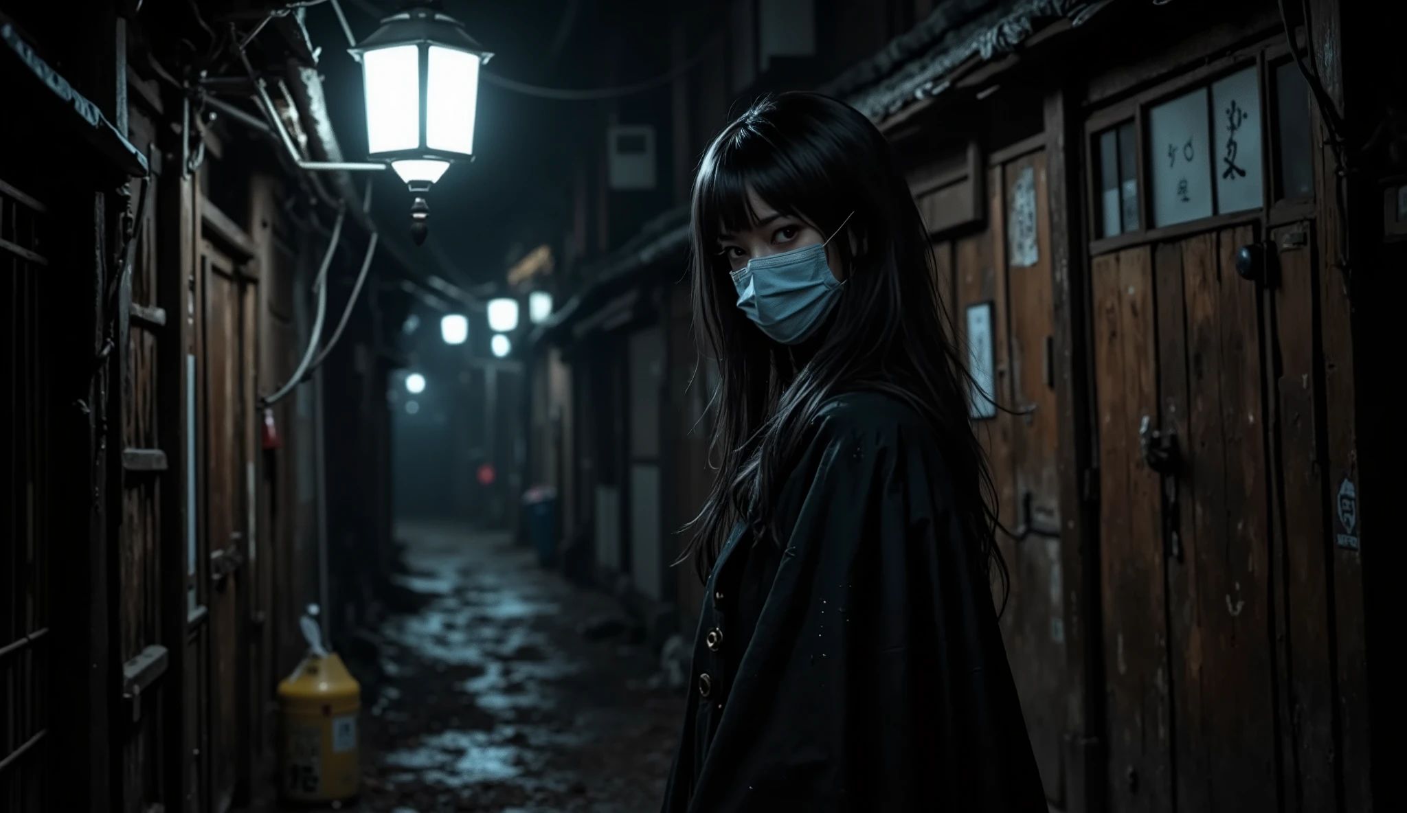 a beautiful Japanese woman standing under a lantern looking at the spectator, she was wearing a long coat and a ( surgical mask that covered half of his face) Her hair was black and long , in an alley in a Japanese town in the 1970s, The atmosphere was dark and tense.