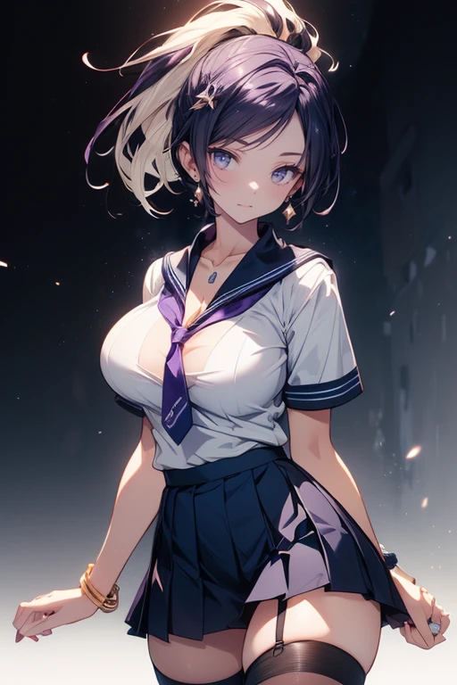 1girl,realistic,short hair,green blank eyes,purple hair,gigantic breast, uniform,sailor suit,skirt,extremely detailed eyes and face,longeyelashes,beautiful detailed lips,masterpiece,upper body,blue background