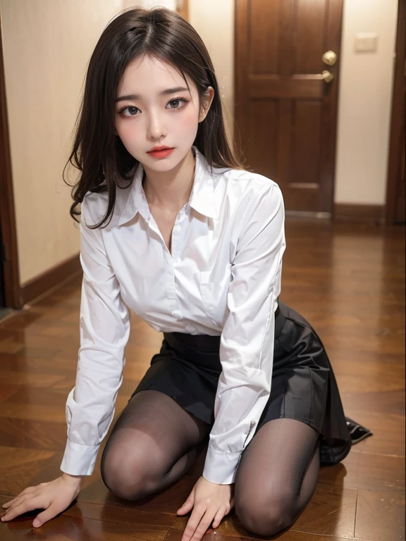 Photorealistic, high resolution, Soft light,1womanl, Solo, Hips up, shiny skins, (Detailed face),, jewelry, Secretary uniform, White shirt, Black skirt, Black stockings, a garter belt, Night, White hair, Wavy hair, The beautiful, Grab the audience's eye, Lover's perspective, Invitation expression, Sexy smile, Perfect style, Perfect balance, Detailed skin, mischievous gaze