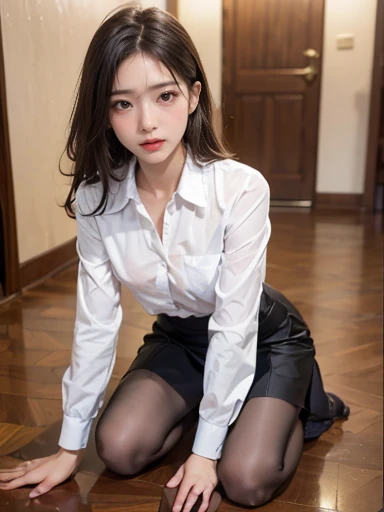 Submissive woman wearing white open shirt sitting on chair, Wearing pantyhose, Crossing your legs, lower angle, Wearing a business suit, Office Clothes, Elegant legs, Wearing a business suitいる, Dressed in a strict suit, Japanese Model, born,(8k、highest quality、masterpiece:1.2)、(Intricate details:1.4)、(Photorealistic:1.4)、Octane Rendering、Complex 3D rendering with ultra-detail, Studio Soft Light, Rim Light, Vivid details, Super Detail, Realistic skin texture, Detailed aspect, Beautiful details in the eyes, Highly detailed CG Unity 16k wallpaper, compensate, (Detailed Background:1.2),Glowing Skin、Exposed thighs!!!