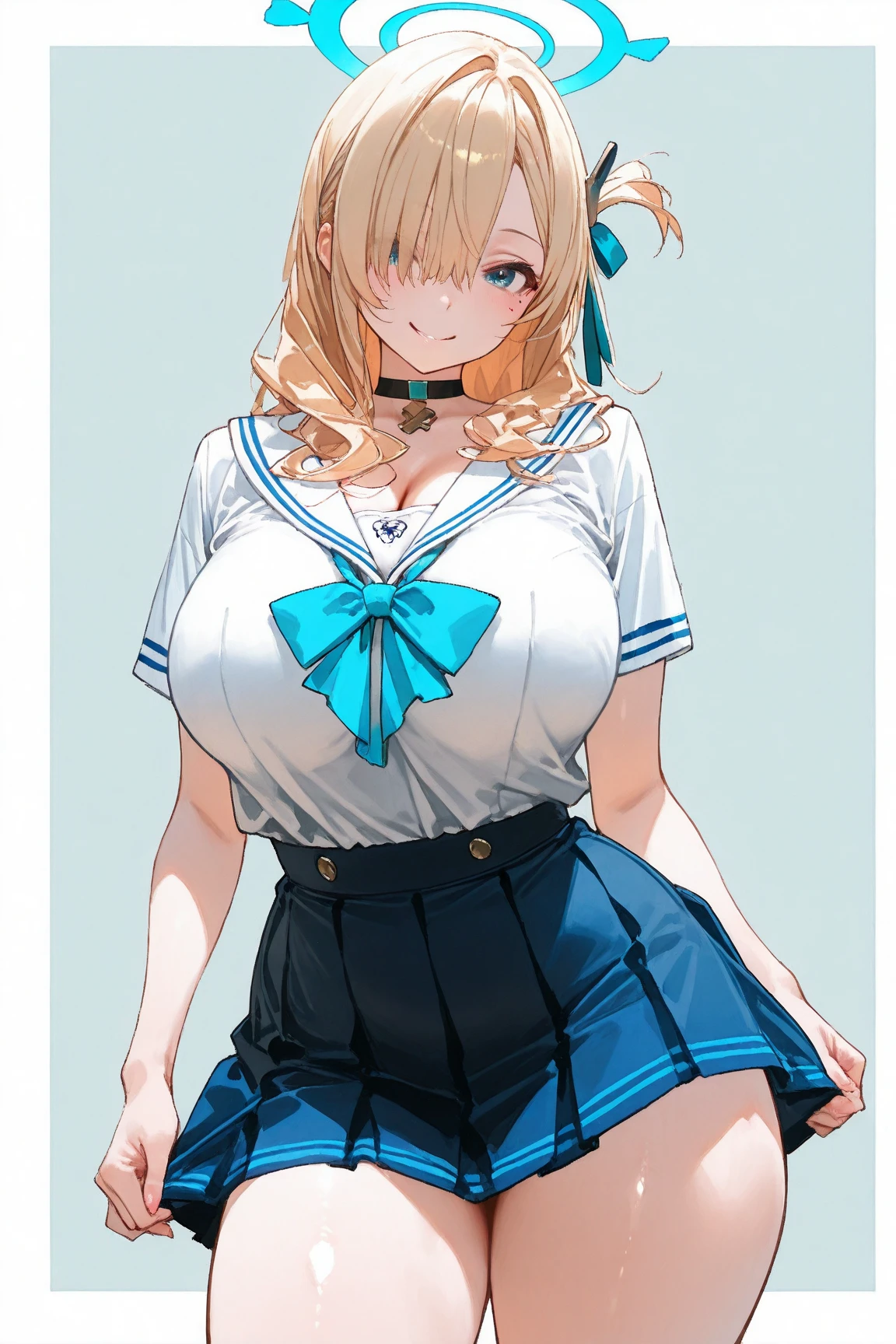 (masterpiece, best quality:1.2), <lora:recolove_prinsilla-10:1>, cowboy shot, solo, 1girl, mariana prinsilla, smile, closed mouth, looking at viewer, school uniform, white serafuku, blue sailor collar, blue pleated skirt, large breasts