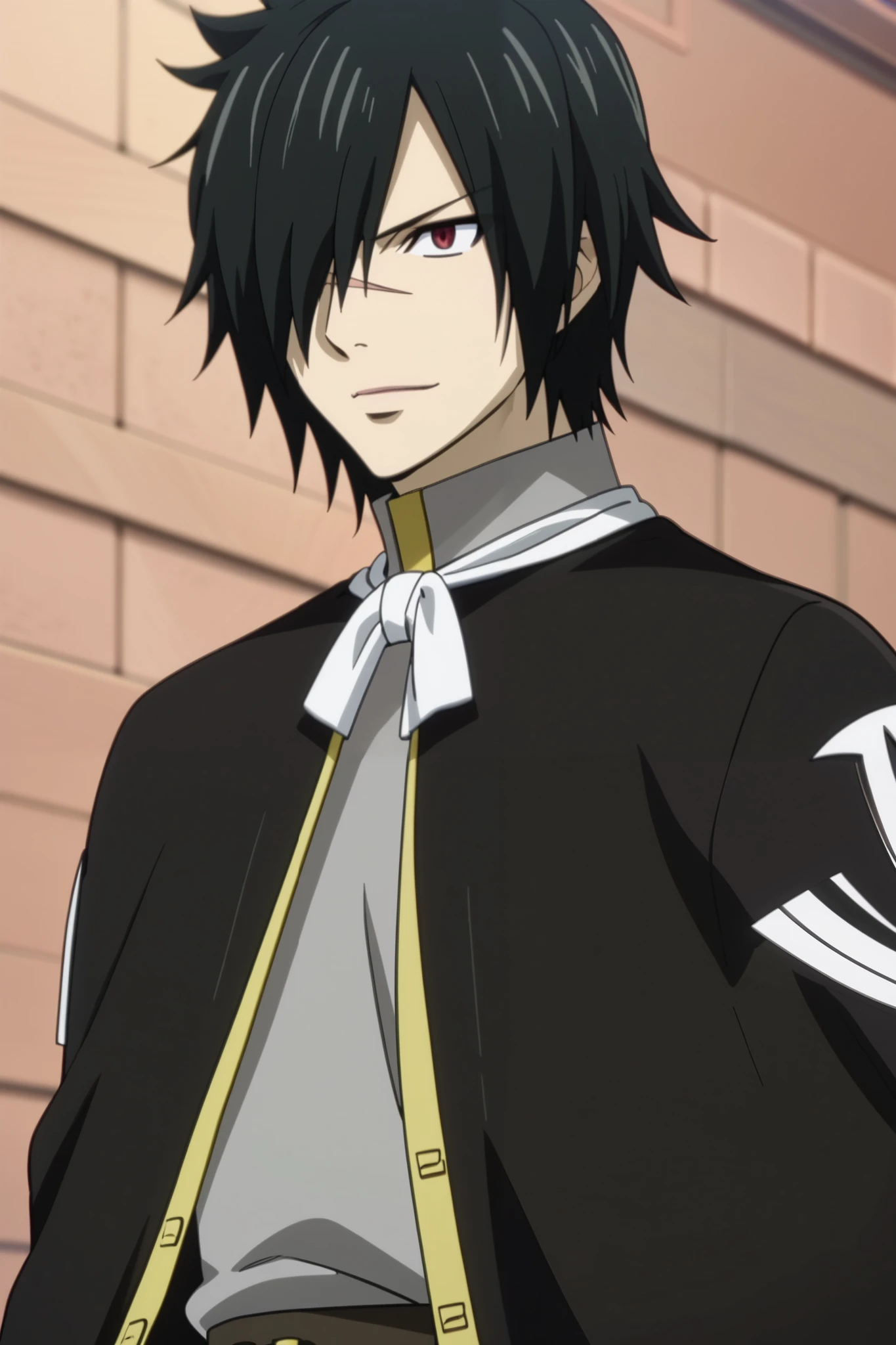 score_9, score_8_up, score_7_up, official art style, intricate details, anime screencap, depth of field, 1boy, solo, male focus, rogue_cheney, black hair, red eyes, , hair over one eye, scar, close-up, a dark and elegant outfit, consisting of a long black hooded cloak, close-fitting to the body. He wears a dark long-sleeved shirt under the cape, tight black pants and knee-high leather boots. smile, slight blush, smiles in love.