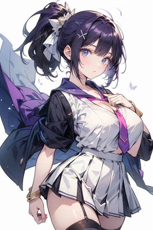
Highest quality, shape, Very detailed, In detail, High resolution, 8k wallpaper, Perfect dynamic composition, Beautiful details, Center of chest, Natural color lip, Random sexy poses,smile,20-year-old girl,Huge , A woman with short, blue hair wearing a purple dress and a black apron