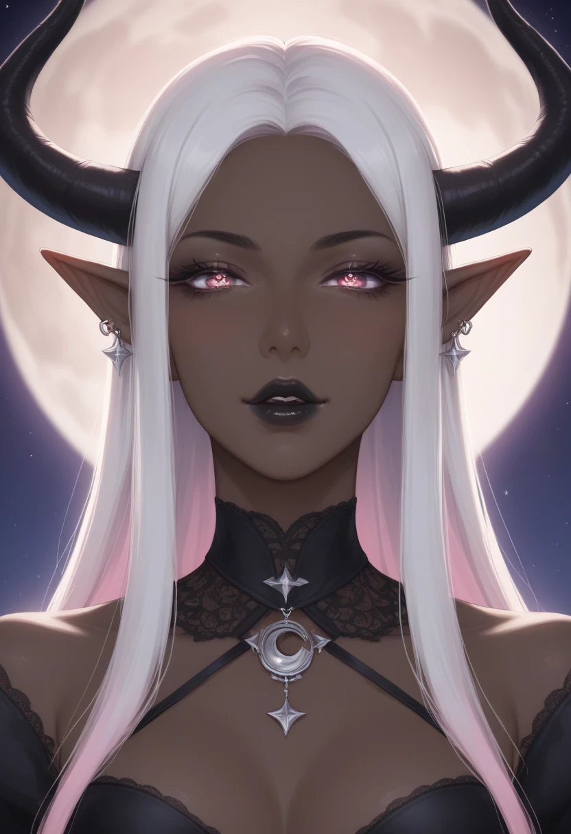 Score_9, Score_8_up, Score_7_up, Score_6_up, Score_5_up, Score_4_up, Source_anime, Tag1, Tag2, seductive face,((Masterpiece)), ((highres)), ((1person)), Random poses, beautifully detailed succubus girl, ((pastel moon background)), long white hair, defined elf ears with ear guages, defined eyes, pastel iris, long eye lashes, defined nose, black lipstick, (((Black skin))), black demon horns, breasts, night sky, pastel gothic style, gothic style art, (gothic asthetic), frame shot