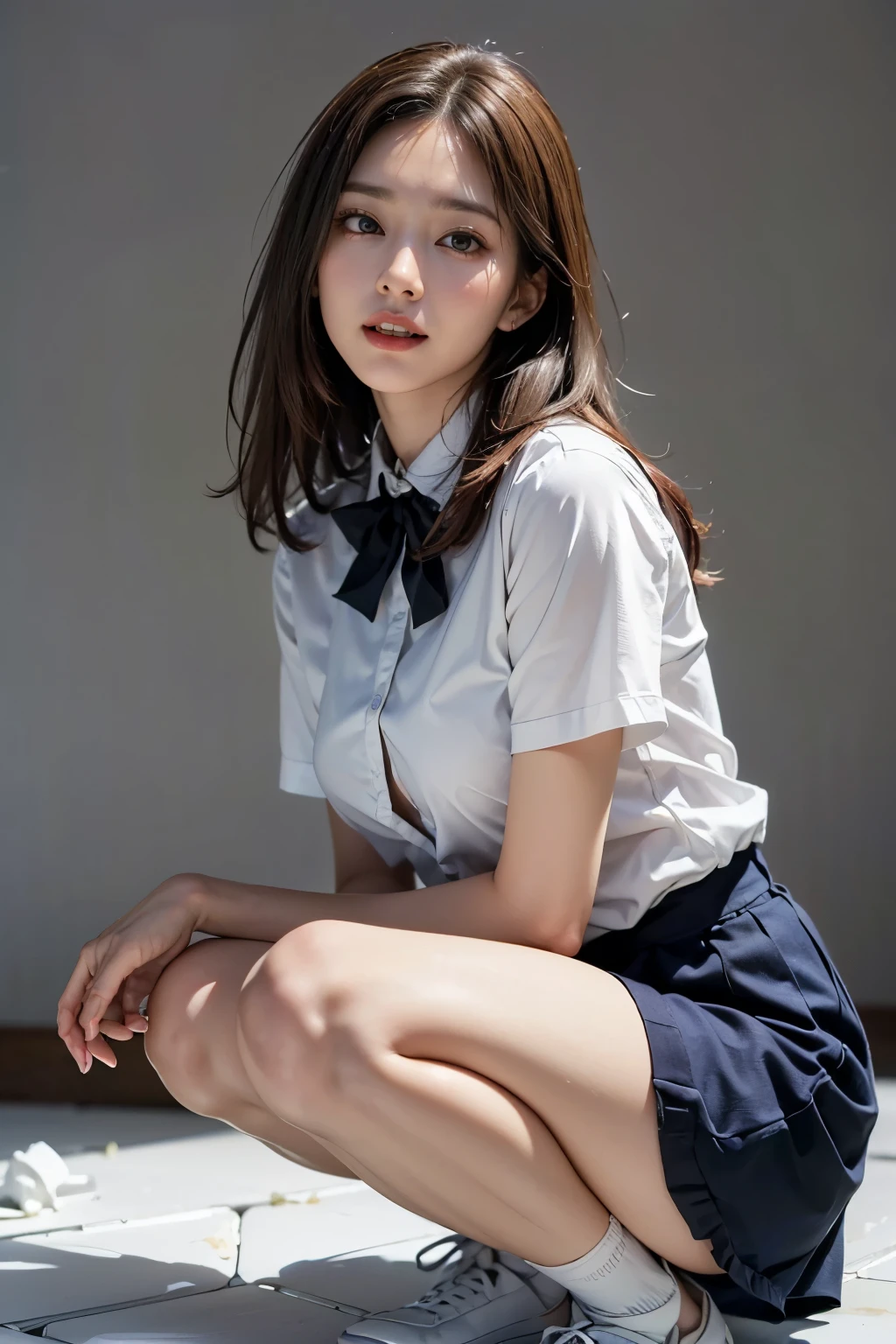 (1 girl), (sexy look:1.5), (flat chest:1.3), (very detailed目, very detailed顔), (超realistic, High resolution), (highest quality:1.4), (hyper quality), real skin texture, RAW photo, (realistic, Photoreal:1.37), very detailed, professional photography, (school uniform, pleated skirt:1.3), (look at me), (School, classroom), ((Face to face with me:1.4)), (from below:1.3), realistic private parts, lace panties, Japanese high school girl、超highest quality、masterpiece、超High resolution、written boundary depth、(Photoreal:1.4)、(award winning photos、信じられないほどのmasterpiece:1.3) 、RAW photography、golden ratio、Highly detailed CG Unity 8k wallpaper、detailed and complex、original、High resolution、RAW photo、(perfect body shape)、detailed and complex、Digital single-lens reflex camera、soft writing、(background person blur:1.1)、Sigma 85mmF/1.4、50mm Lenac lighting、nffsw、hyper real、color grade, Rear view,from below:1.3), (((Holding the hem of her skirt, she opens her legs and shows off her real pussy.:1.4))), (vagina)、spread legs、Lying down、On your back、penis、cum in pussy、(focus on girl)
