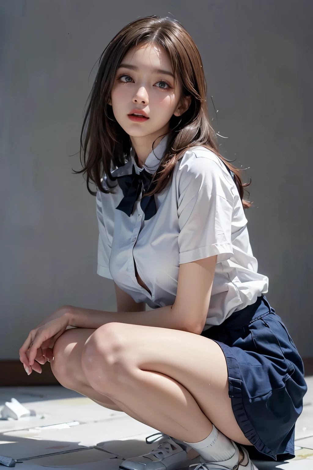 8k, Raw photo, highest quality, masterpiece:1.2), masterpiece, highest quality, figure, Very detailed, Fine details, High resolution, 8k,wallpaper, Perfect dynamic composition,(Detailed high quality, Realistic depiction of eyes:1.3)、A woman who has been and has her hands tied、Arms wrapped around his back, hands tie behind back, Crouching on the floor of a brightly lit gym、 With legs wide open、Tartan plaid pleated skirt、whole body、White panties、The whole thing faces forward、21talent、Beauty、Well-formed face、Make your eyes even、Beautiful black hair、Has bangedium build、Well-balanced proportions、Beautiful legs、Blue Short Sleeve Blouse、Fresh face、Beautiful scenery、