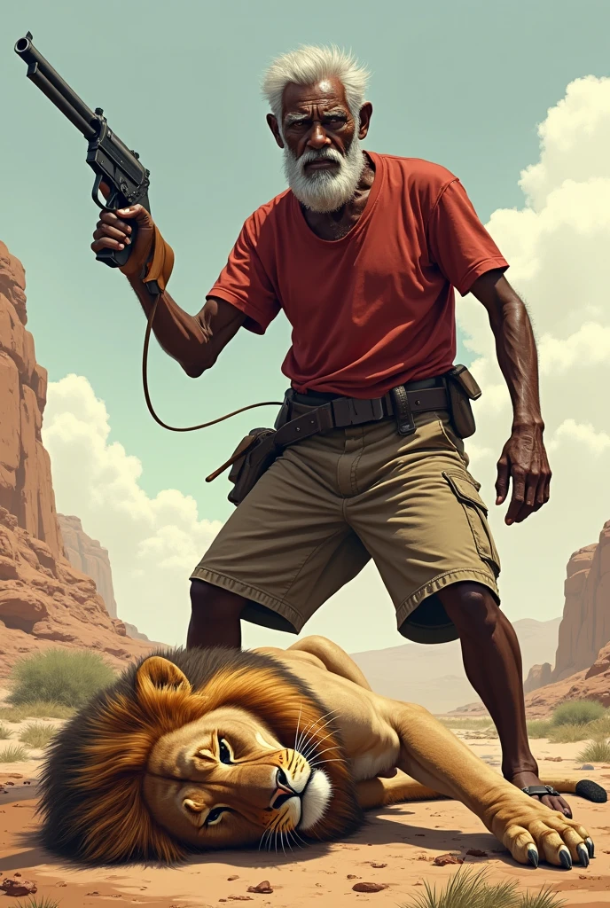 Create an elderly man who is from an Amazonian tribe and is angry because he is being enslaved by a superior man and that man is pointing a gun at him. , make it animated, Let it be easy to draw