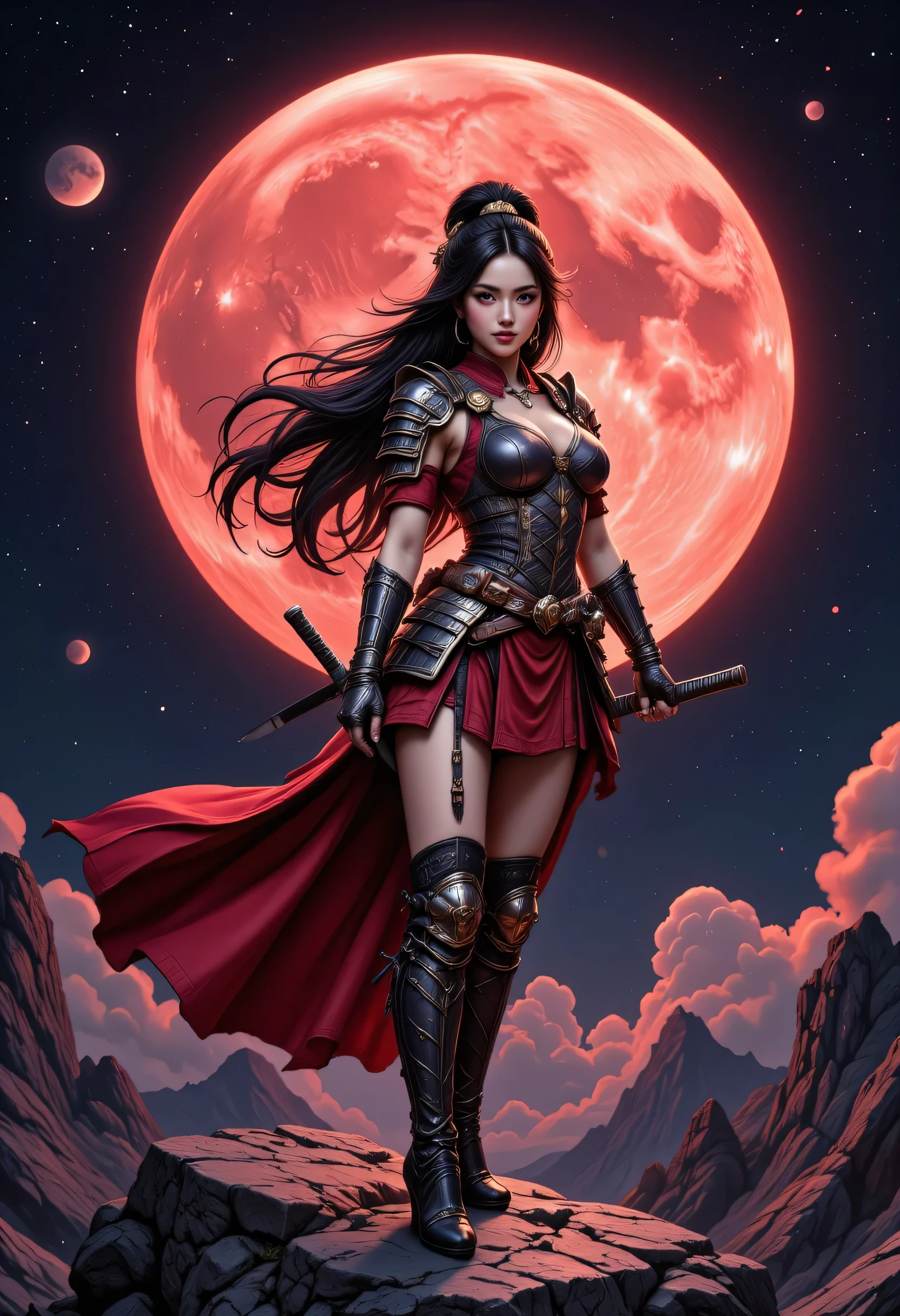 a picture of Japanese female samurai, she has long black hair, wearing samurai armor, armed with a katana, ready for battle, wearing samurai armor, wearing high heels boots, the sun is setting down in the background, she stands on a red moon in space, strange nebula in the background, star constellation (Masterpiece: 1.5), best quality, 16k, ultra detailed, masterpiece, best quality, (extremely detailed), dynamic angle, ultra wide shot, photorealistic, RAW, fantasy art, dnd art, fantasy art, ((SFW:1.5)), hyp3rd3tail style