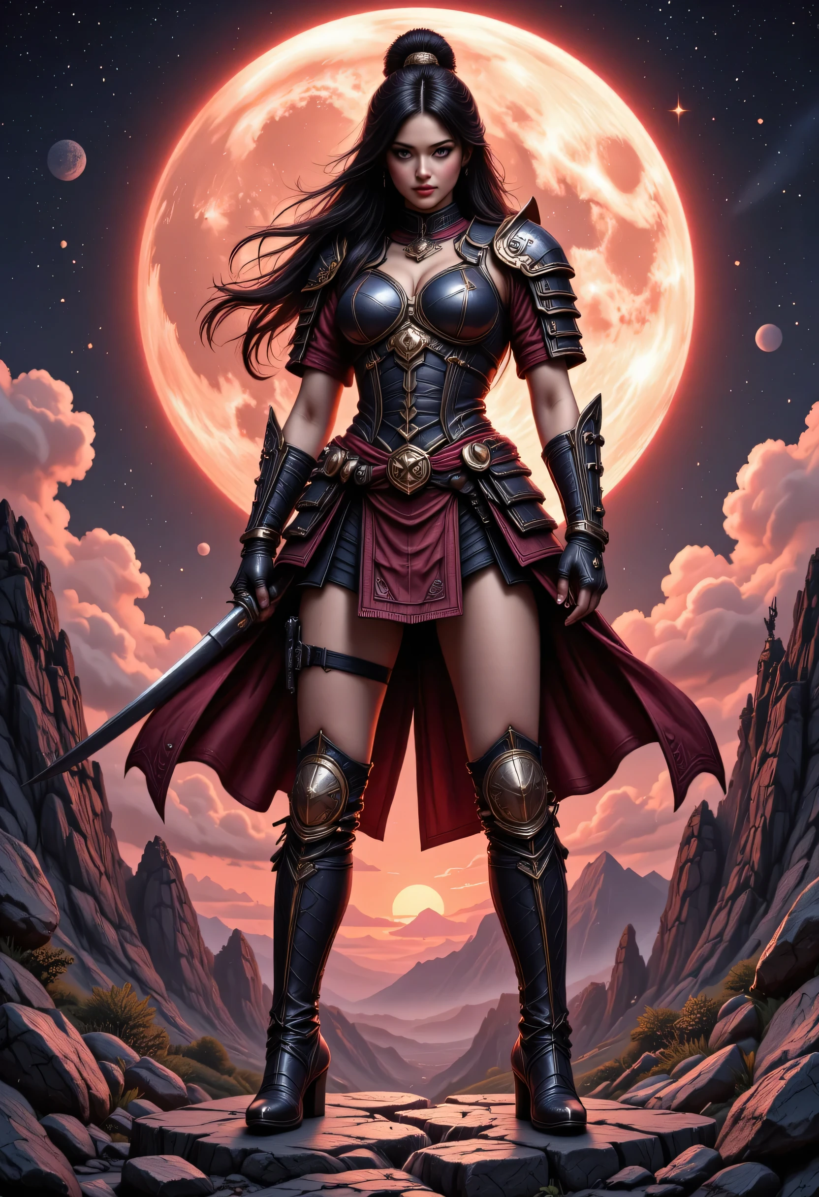 a picture of Japanese female samurai, she has long black hair, wearing samurai armor, armed with a katana, ready for battle, wearing samurai armor, wearing high heels boots, the sun is setting down in the background, she stands on a red moon in space, strange nebula in the background, star constellation (Masterpiece: 1.5), best quality, 16k, ultra detailed, masterpiece, best quality, (extremely detailed), dynamic angle, ultra wide shot, photorealistic, RAW, fantasy art, dnd art, fantasy art, ((SFW:1.5)), hyp3rd3tail style