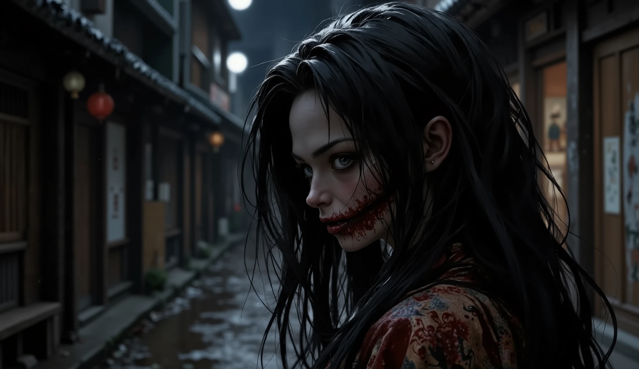 a ghost woman, Japanese woman with an evil look with long black hair, his skin was pale , (He had a cut that went through his mouth that ran horizontally from one cheek to the other ) in a dark alley in a town in Japan in the 1970s, He was wearing an old, dirty kimono stained with dried blood.