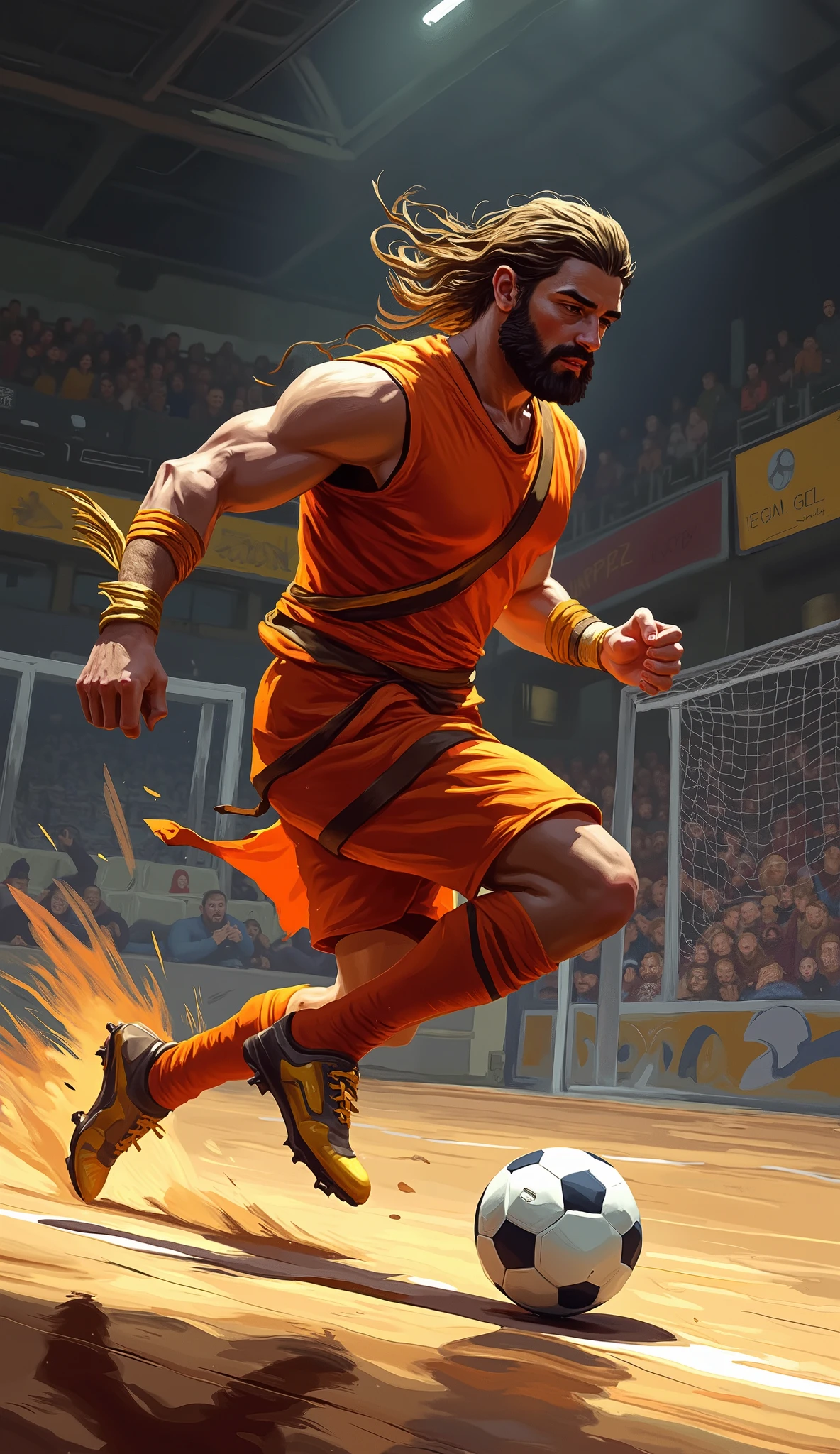 ((greek god hermes playing in futsal)), wearing half modern sport unifrom combined with god outfit with orange shining elements, ((he is wearing a modern soccer cleats with attached little golden wings to them)), he is advancing with ball, swift particle, dynamic, speed, digital painting, goal in the background, ((wooden floor)), indoor scene, in sport hall, graphic , art illustration, oil painting