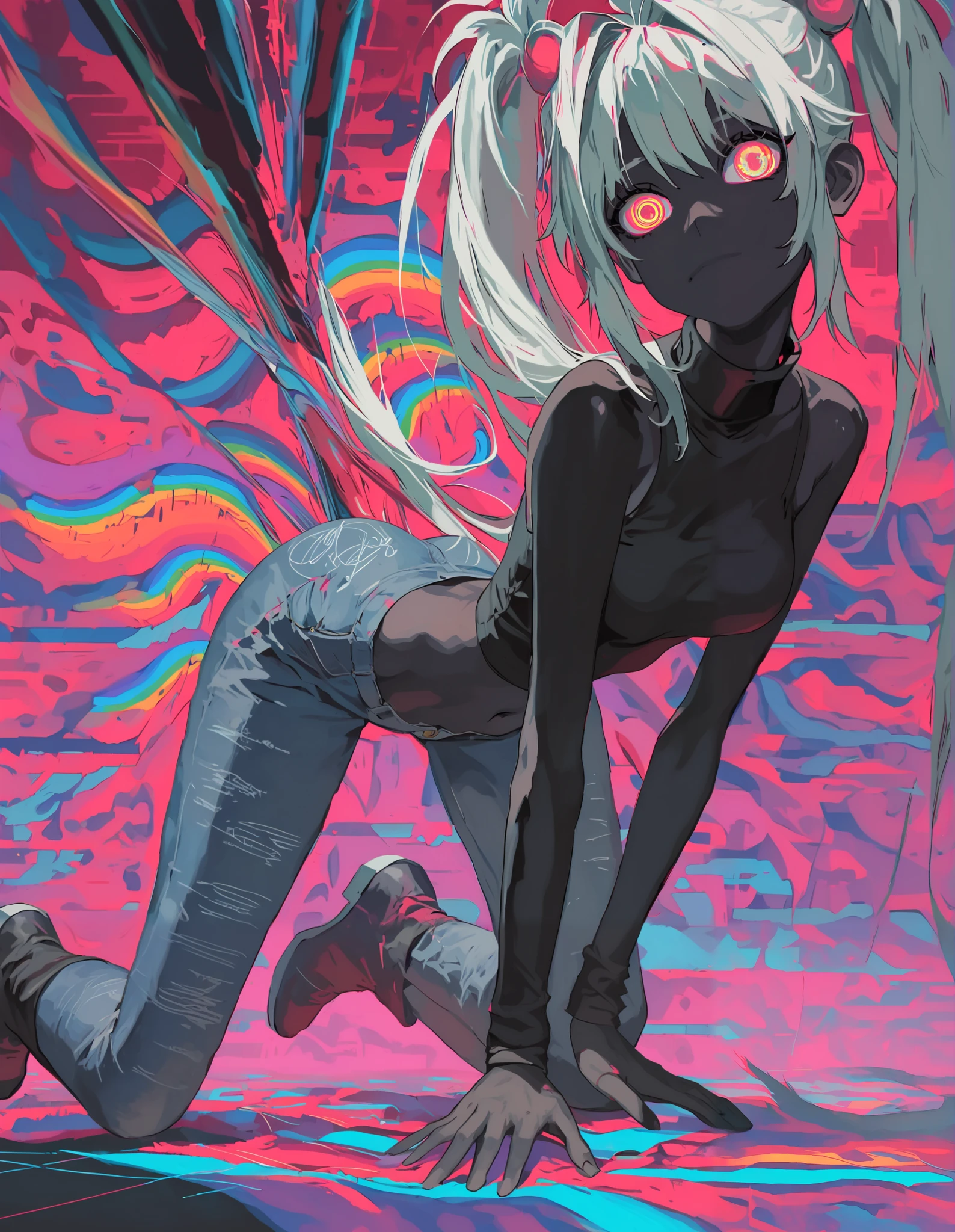 (masterpiece, best quality:1.2), 1 girl, unique, turtleneck woolen sleeveless top, navel, tight jeans, take a step forward, long twintails, glistening swirly golden eyes, f3nn3r, colourful, pink, blue, black, red, trippy, psychotic, psychedelic, losing my mind, creative background, no face, black body, heel boots, (push up hair with hands)