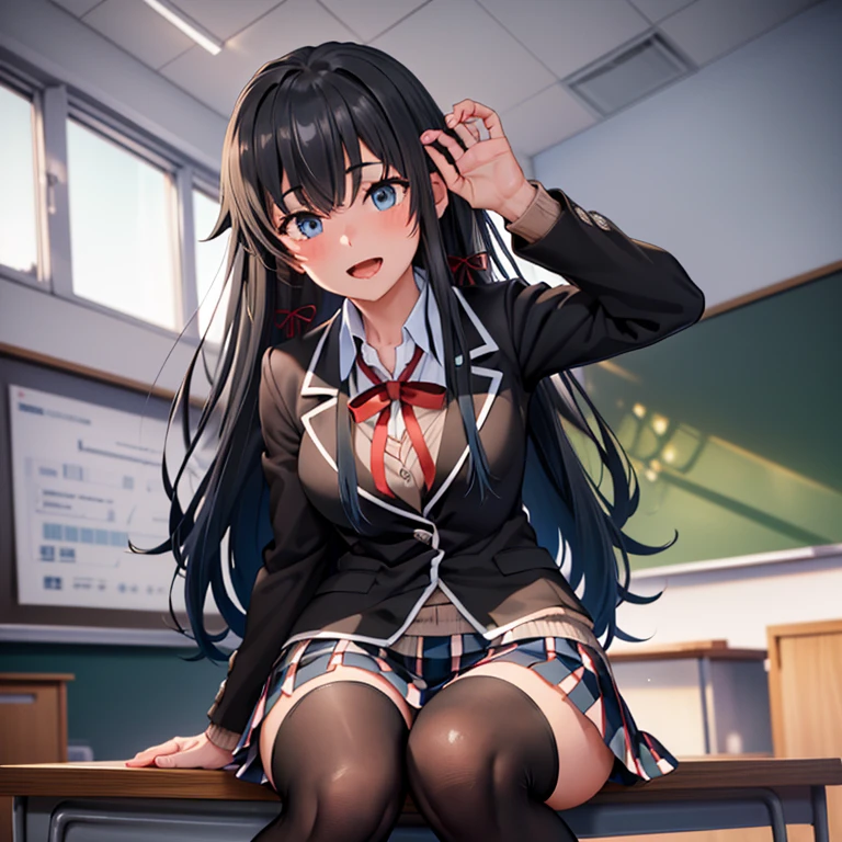 a beauty girl,Black blazer with ribbon,Cute Uniform,blazers,A smile,girl,top-quality,Colossal tits,masterpiece,Excellent style,Erotic Cute,超A high resolution,beautiful a girl,Lovely girl,multicolored hair,Loose socks,HD image quality,Beautiful eyes,Perfect Beautiful Girl,Classroom,
