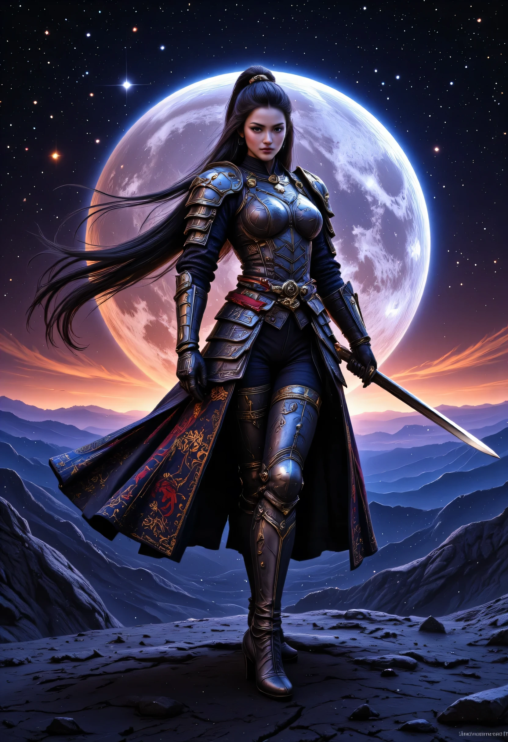 a picture of Japanese female samurai, she has long black hair, wearing samurai armor, armed with a katana, ready for battle, wearing samurai armor, wearing high heels boots, the sun is setting down in the background, she stands on a blue moon in space, bleak moon surface in outer space, strange colorful nebula in the background, star constellation (Masterpiece: 1.5), best quality, 16k, ultra detailed, masterpiece, best quality, (extremely detailed), dynamic angle, ultra wide shot, photorealistic, RAW, fantasy art, dnd art, fantasy art, ((SFW:1.5)), hyp3rd3tail style, nebula