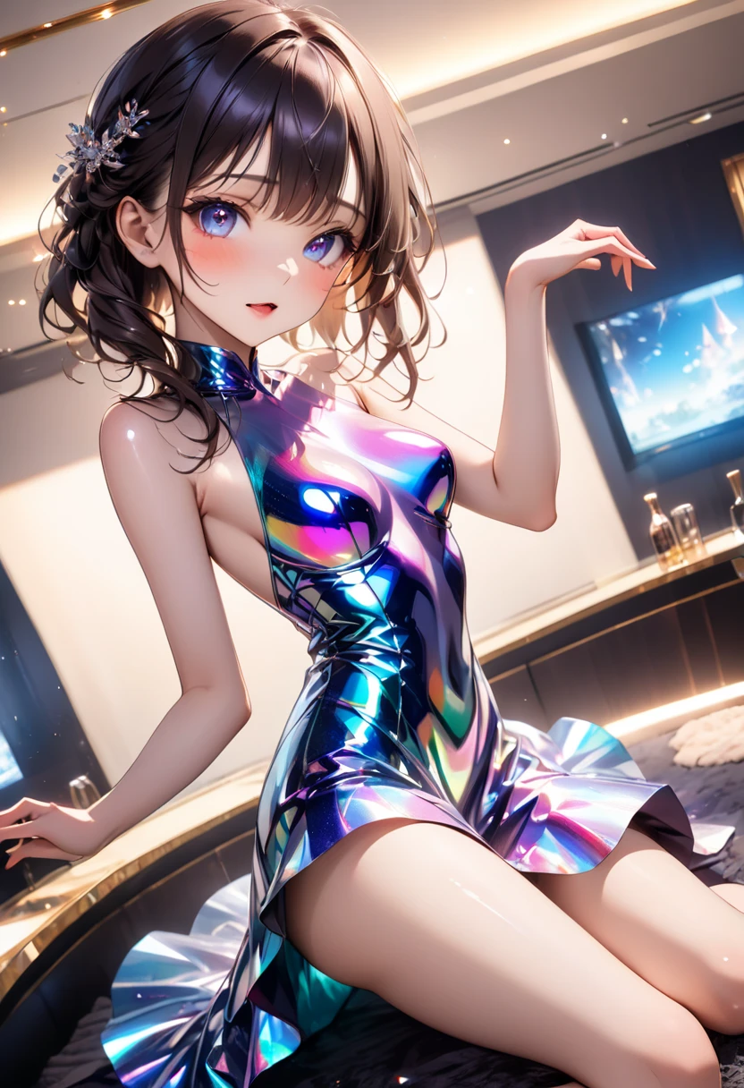 A plain woman dancing under a mirror ball