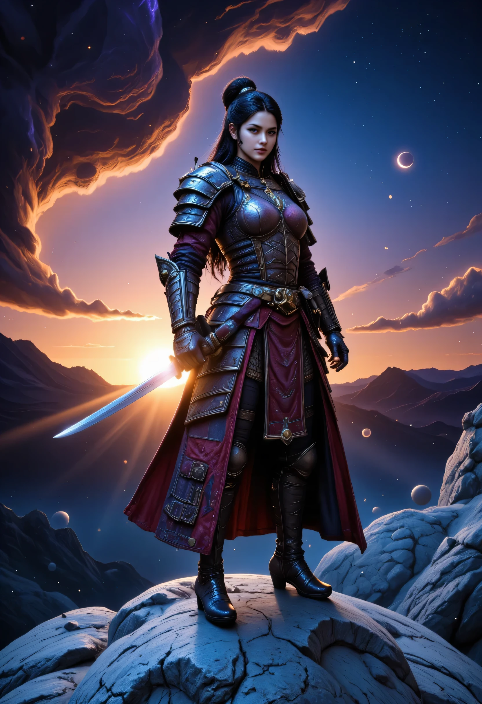 a picture of Japanese female samurai, she has long black hair, wearing samurai armor, armed with a katana, ready for battle, wearing samurai armor, wearing high heels boots, the sun is setting down in the background, she stands on a blue moon in space, bleak moon surface in outer space, strange colorful nebula in the background, star constellation (Masterpiece: 1.5), best quality, 16k, ultra detailed, masterpiece, best quality, (extremely detailed), dynamic angle, ultra wide shot, photorealistic, RAW, fantasy art, dnd art, fantasy art, ((SFW:1.5)), hyp3rd3tail style, nebula