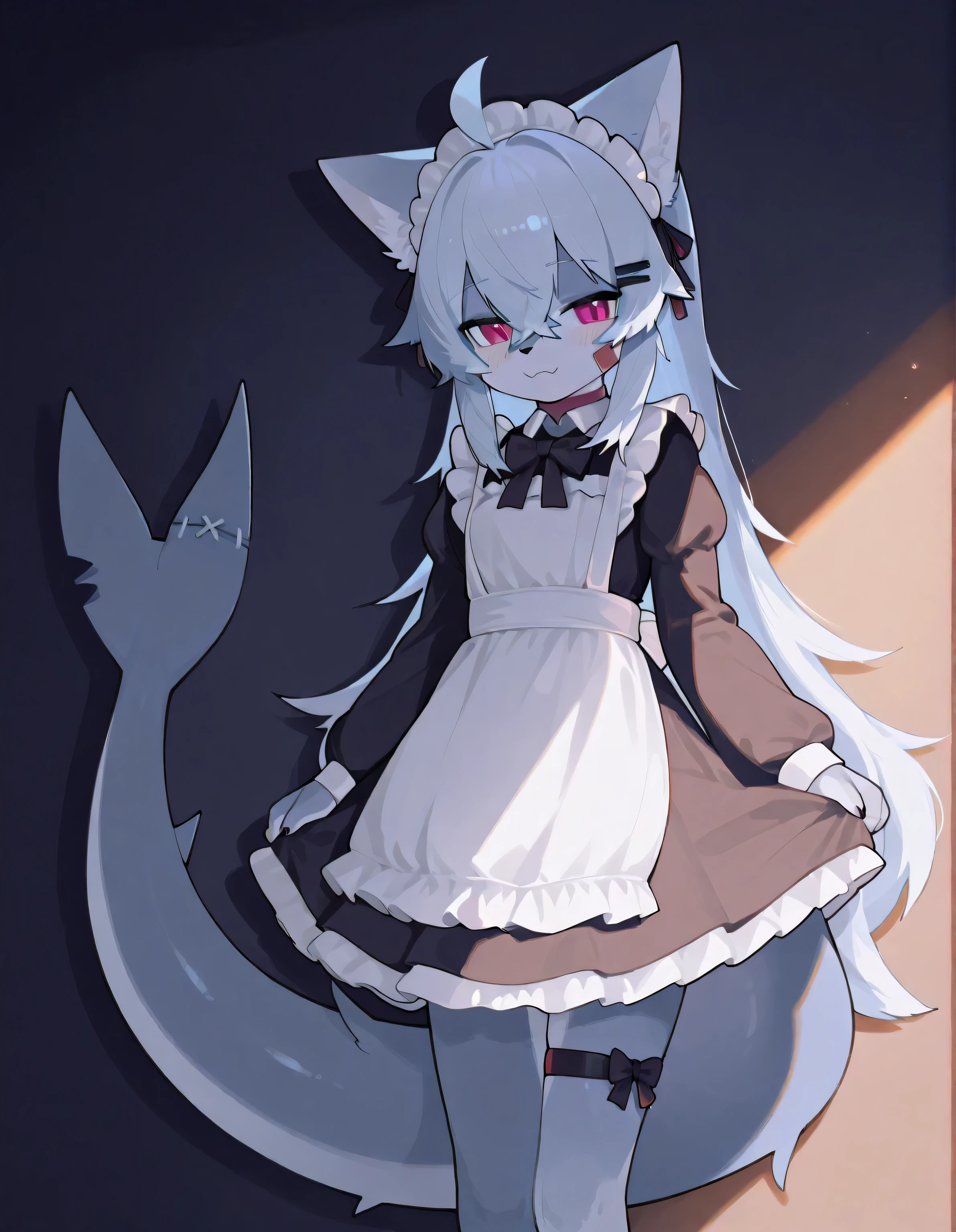  emer one ld {x} furry，blue fur ， maid outfit， BEAUTIFUL LIGHTS AND SHADOWS， ambient light ，extremely fine fur，Volumetric Light，Huge shark tail，Shark element on the leg，4K， Ultra HD，fox shark girl， light blue hair ，the wicked，Contempt