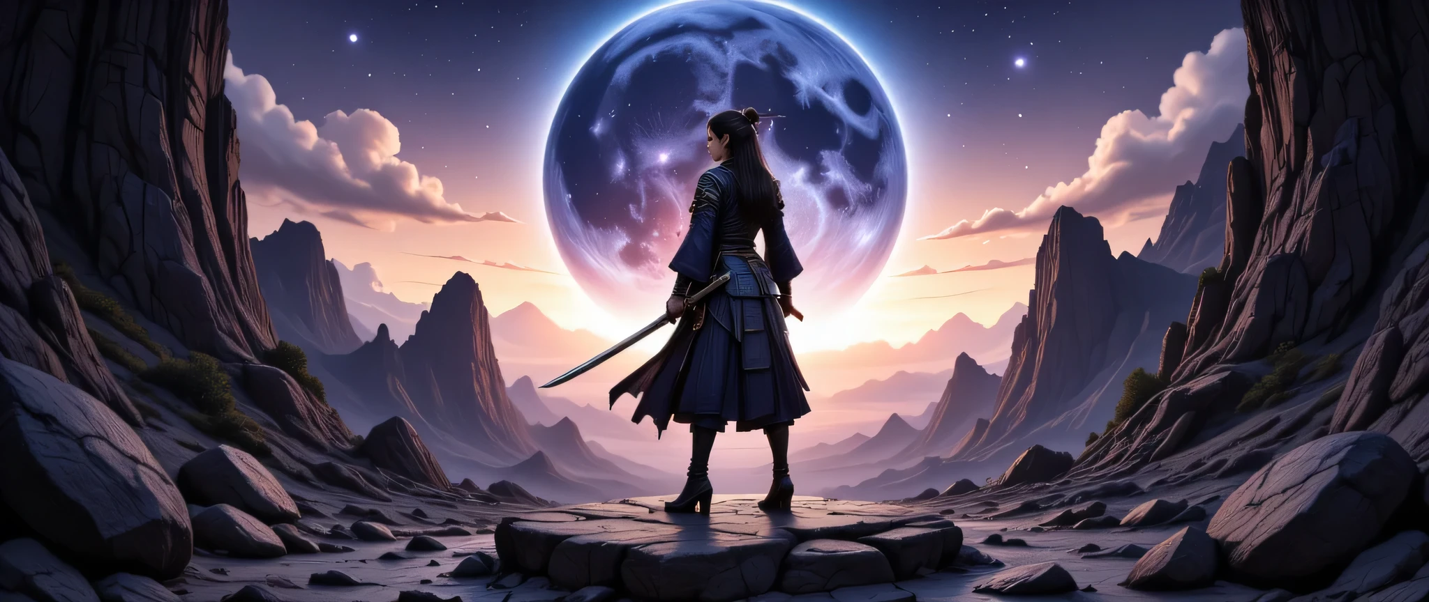 a picture of Japanese female samurai, she has long black hair, wearing samurai armor, armed with a katana, ready for battle, wearing samurai armor, wearing high heels boots, the sun is setting down in the background, she stands on a blue moon in space, bleak moon surface in outer space, strange nebula in the background, star constellation (Masterpiece: 1.5), best quality, 16k, ultra detailed, masterpiece, best quality, (extremely detailed), dynamic angle, ultra wide shot, photorealistic, RAW, fantasy art, dnd art, fantasy art, ((SFW:1.5)), hyp3rd3tail style