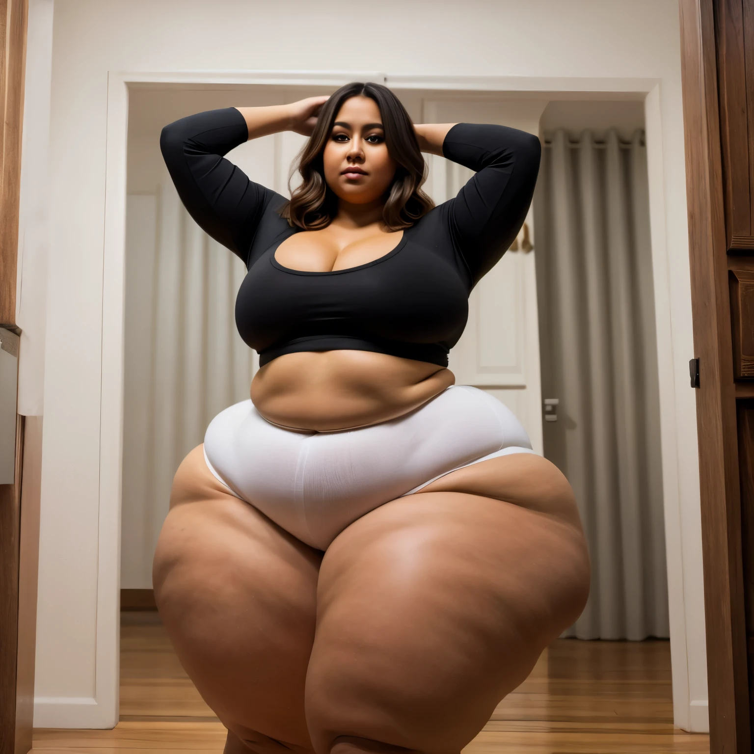(Masterpiece), (best quality), (detailed), A skinny black woman with a big bloated round belly full of giant cake