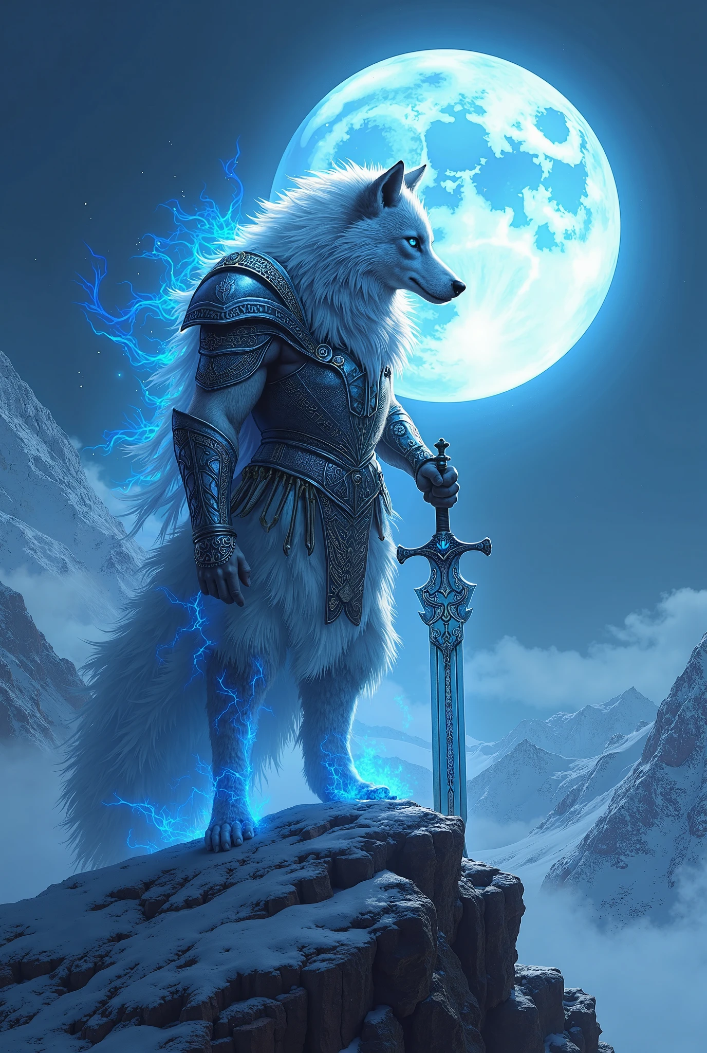 A moon god floating at the space aiming to the side with his magic moon silver bow, divine aura, he has a white wolf spirit surrouding him, moon background, main character focused, moon light, blurred background, DoF, Ultra detailed, 8k